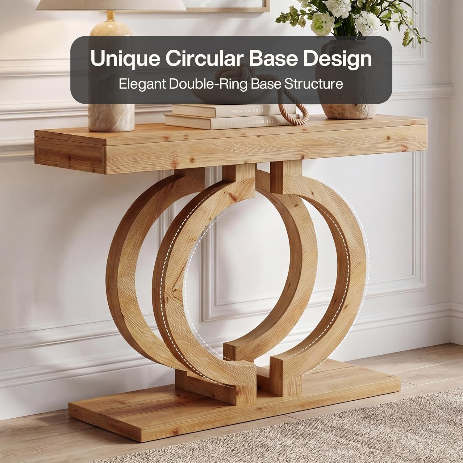 Console en bois massif, Table d'entrée de 110 cm de long en bois naturel avec un double piètement circulaire artistique, table d'appoint étroite