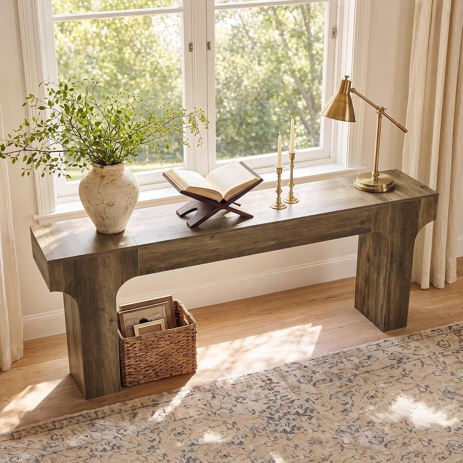 Tribesigns Console extra longue 200 cm design arqué, marron, Style champêtre aux tons chauds et rustiques