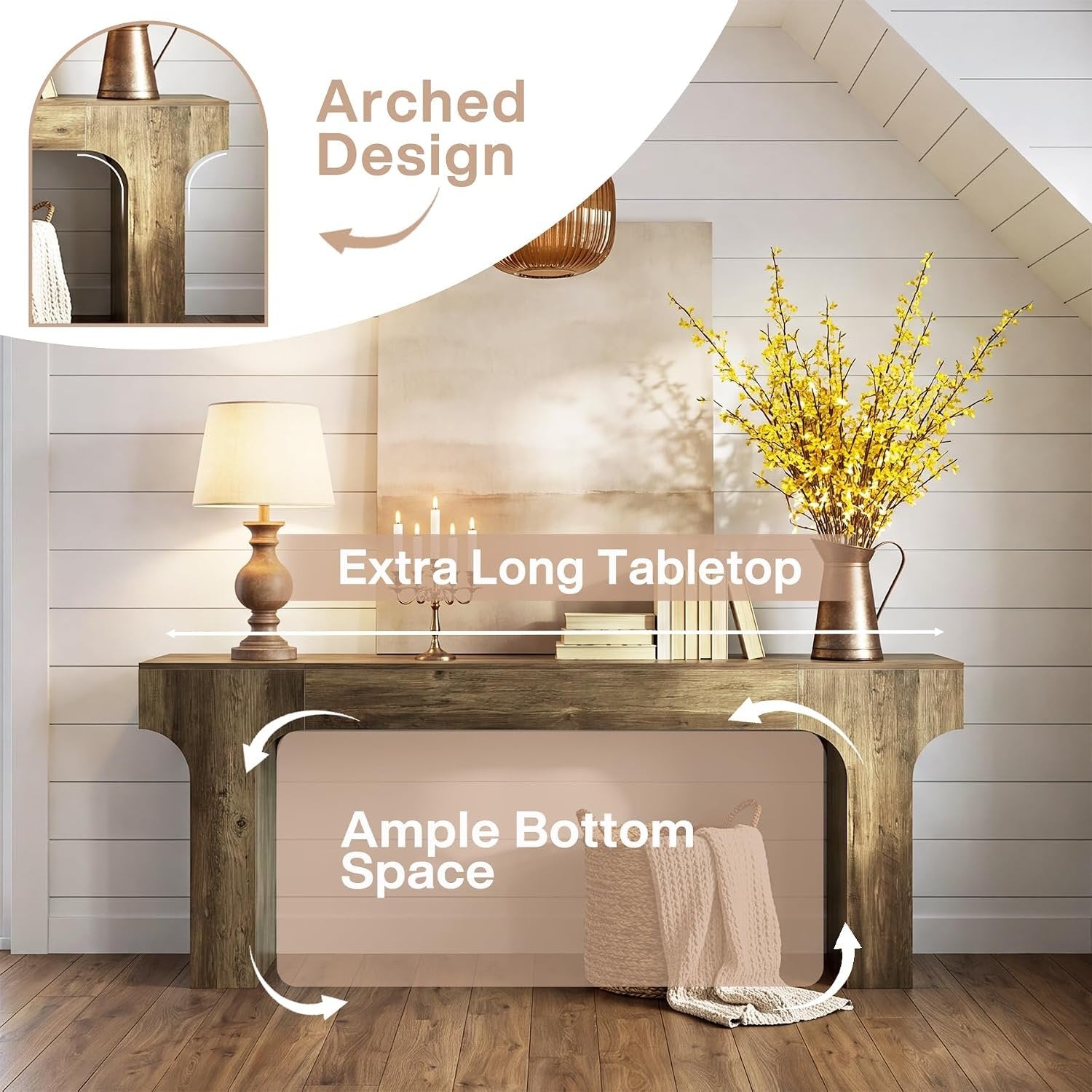Tribesigns Console extra longue 200 cm design arqué, marron, Style champêtre aux tons chauds et rustiques