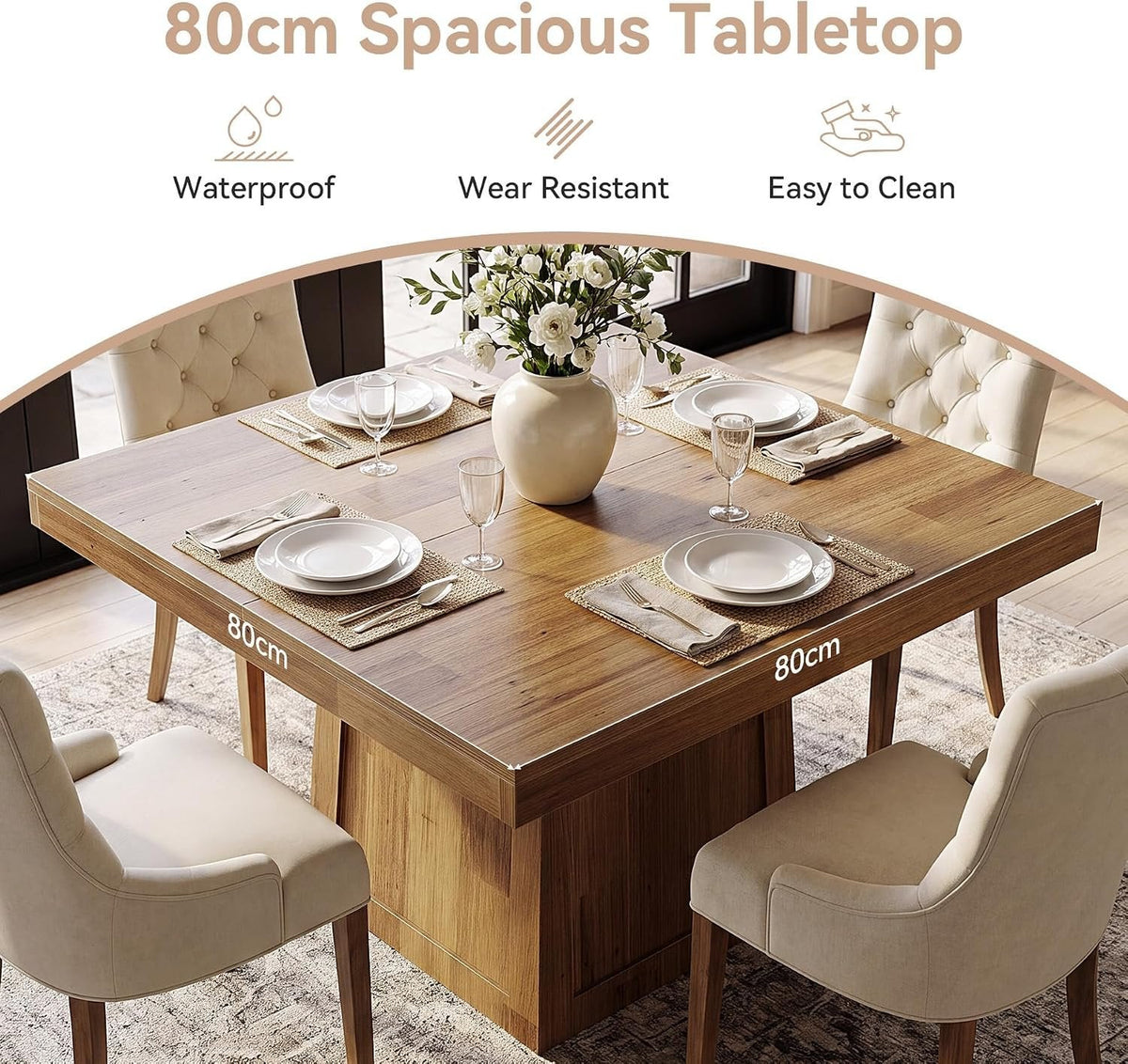 Tribesigns Table à manger carrée 80 × 80 cm, Table de cuisine style maison de campagne avec piètement trapézoïdal