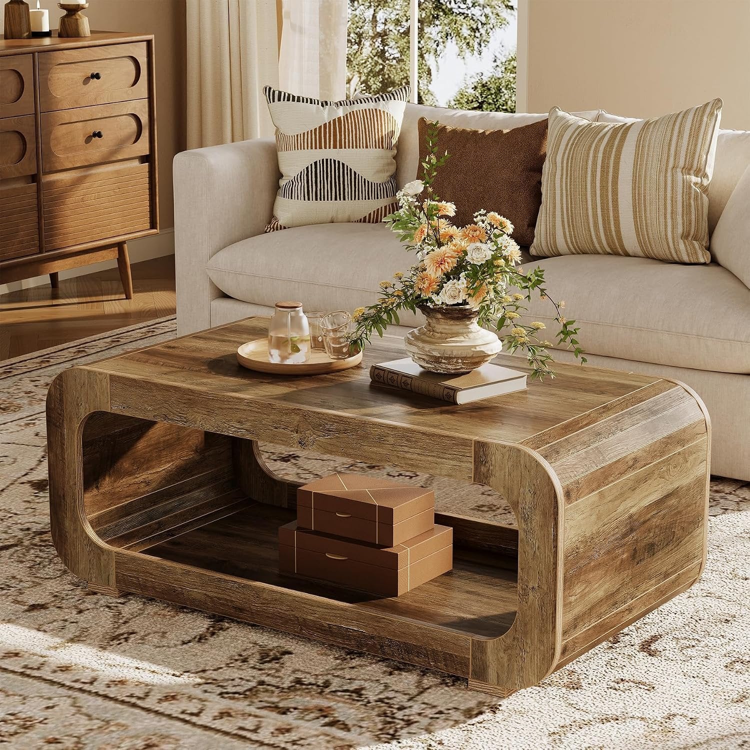 Tribesigns Table basse 120 cm avec rangement ouvert, Table rectangulaire en bois pour salon