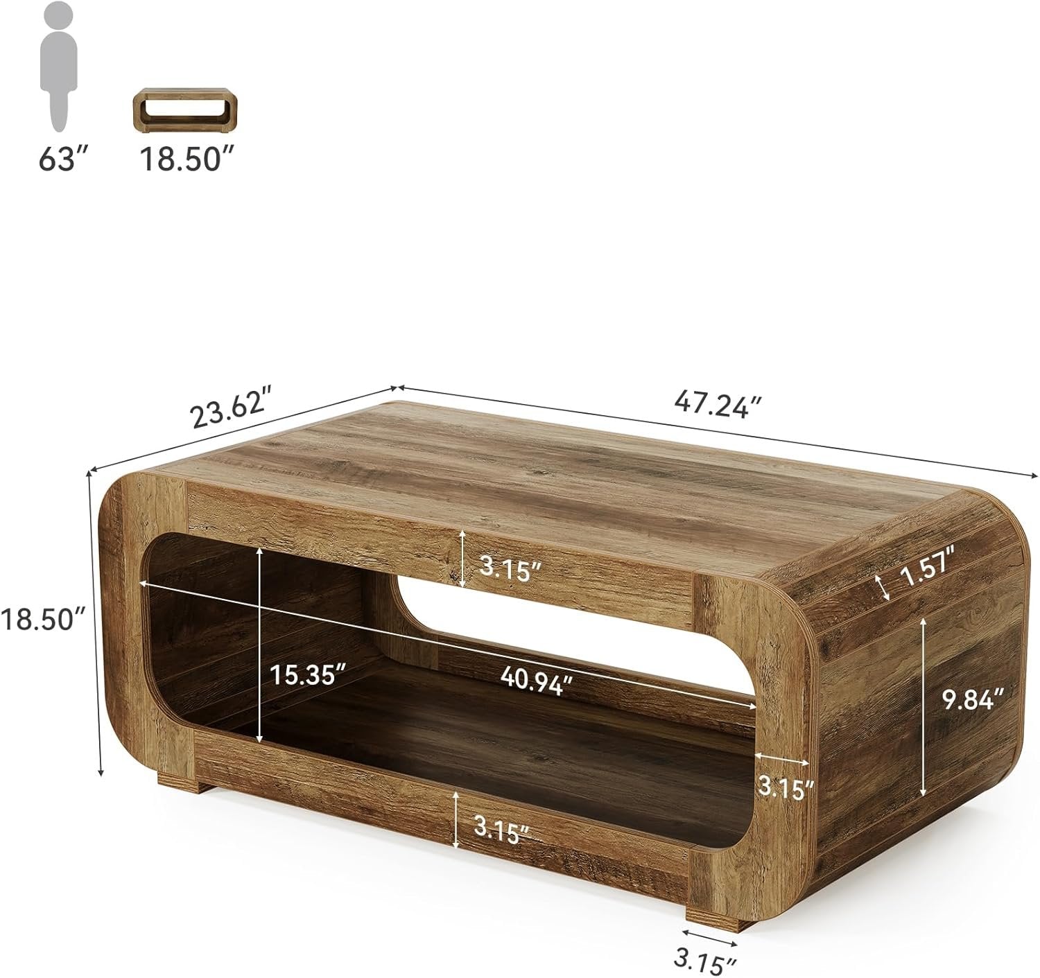Tribesigns Table basse 120 cm avec rangement ouvert, Table rectangulaire en bois pour salon