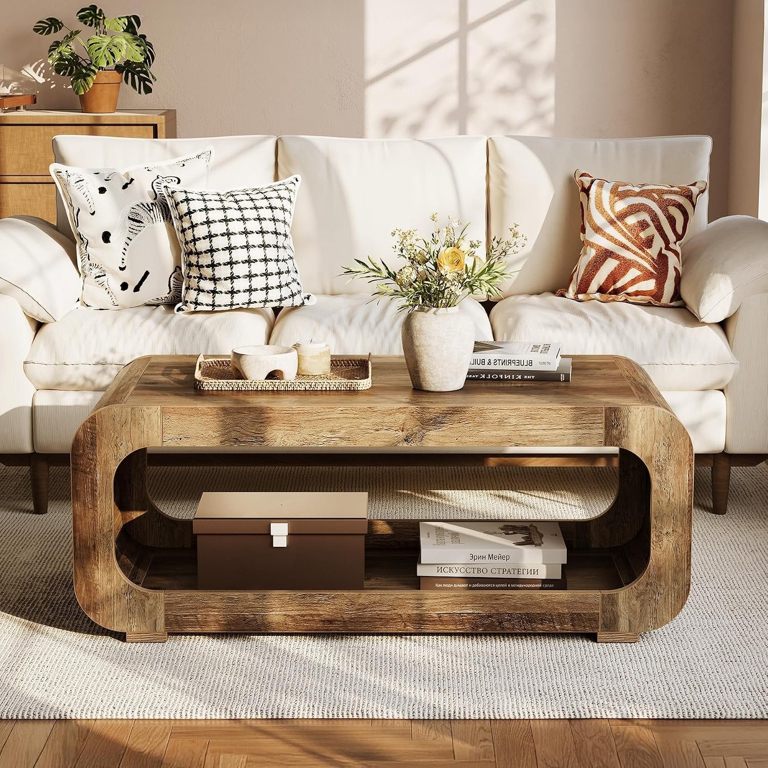 Tribesigns Table basse 120 cm avec rangement ouvert, Table rectangulaire en bois pour salon