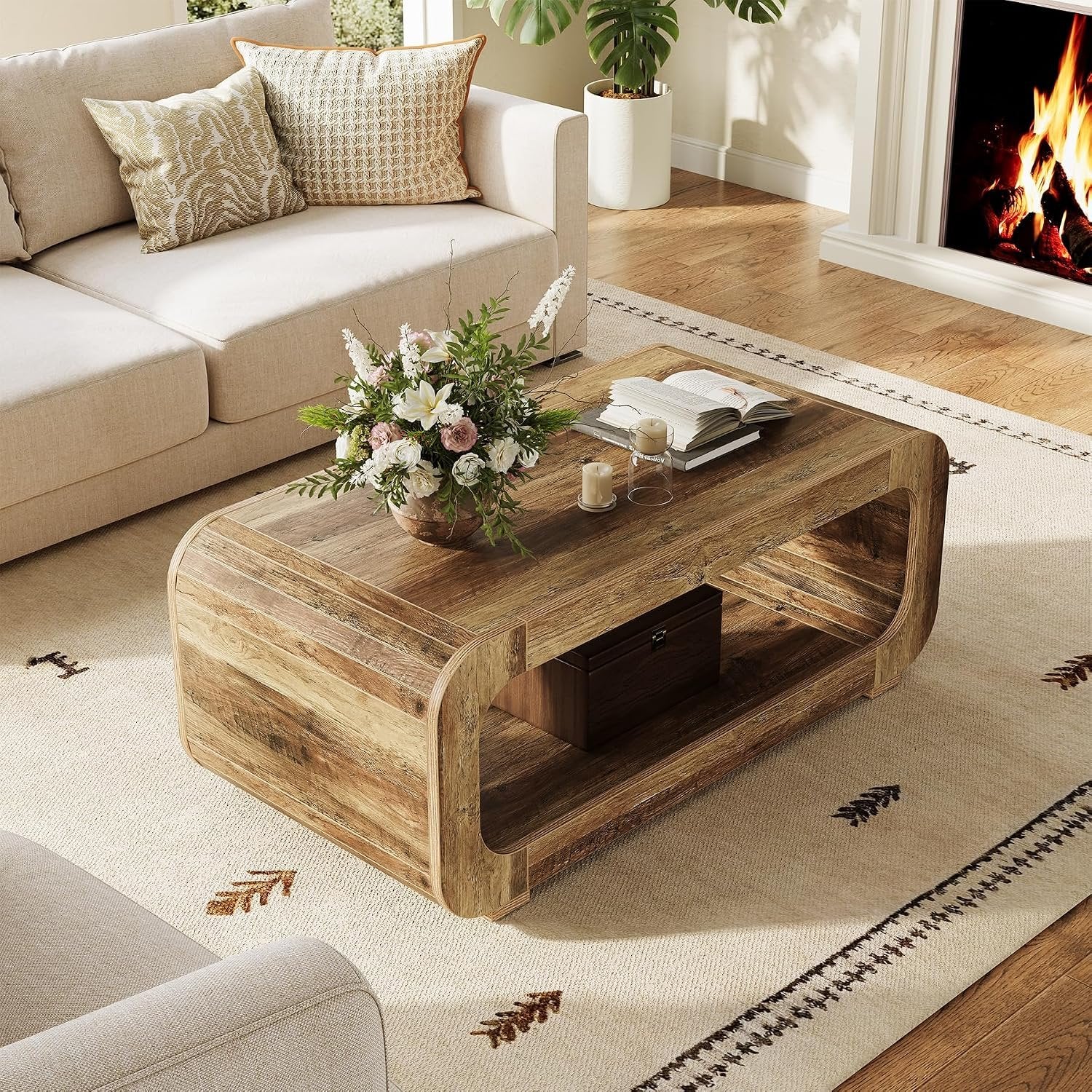 Tribesigns Table basse 120 cm avec rangement ouvert, Table rectangulaire en bois pour salon