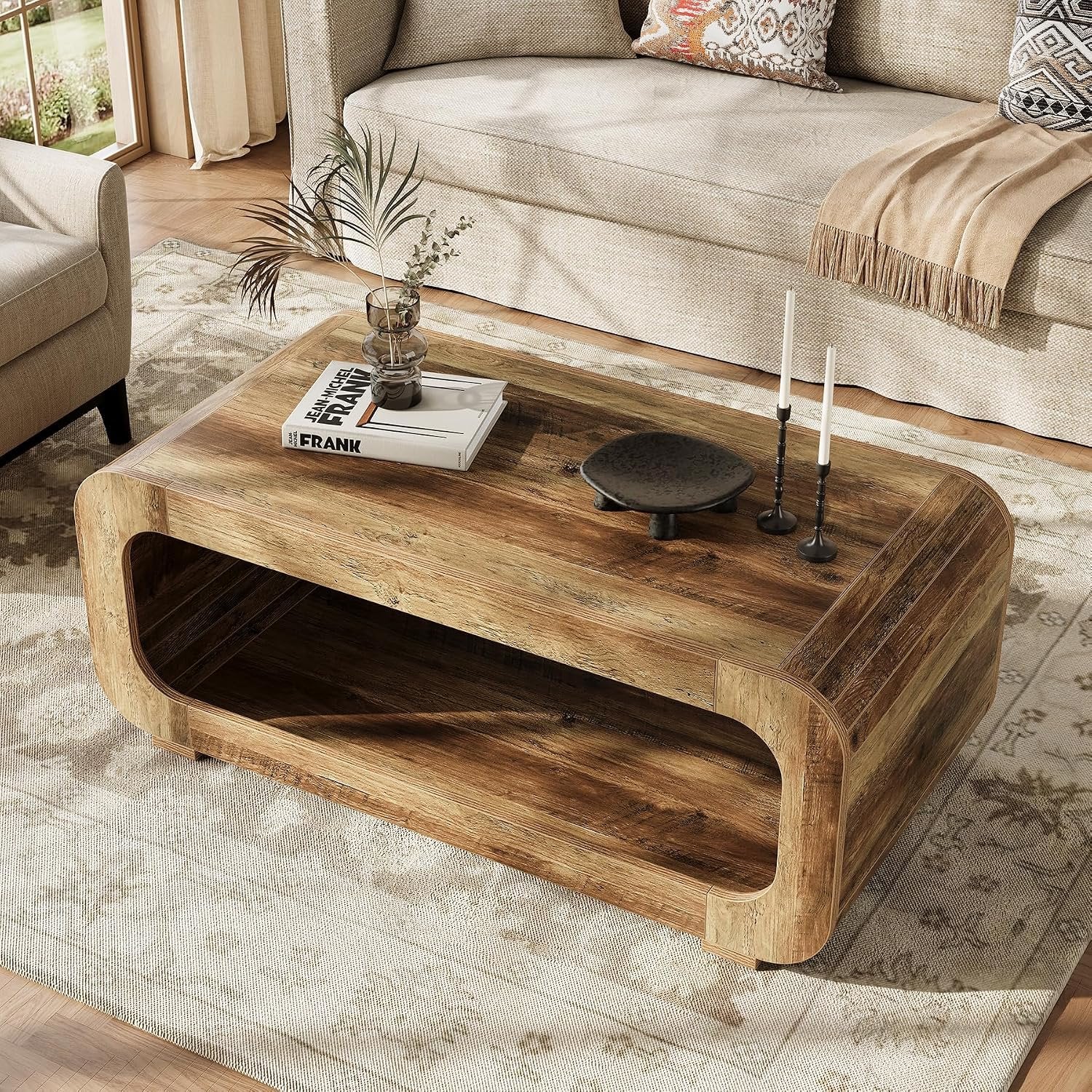 Tribesigns Table basse 120 cm avec rangement ouvert, Table rectangulaire en bois pour salon