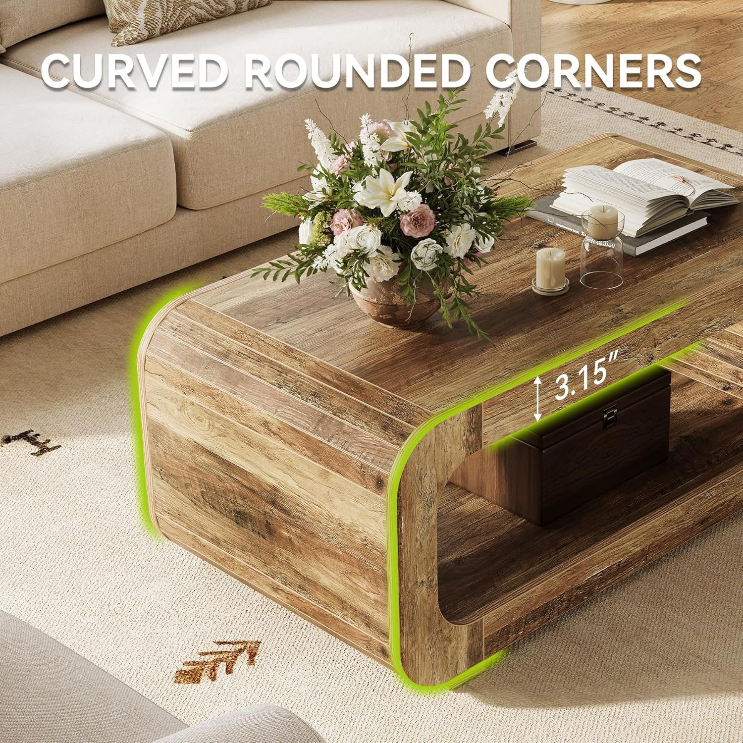 Tribesigns Table basse 120 cm avec rangement ouvert, Table rectangulaire en bois pour salon
