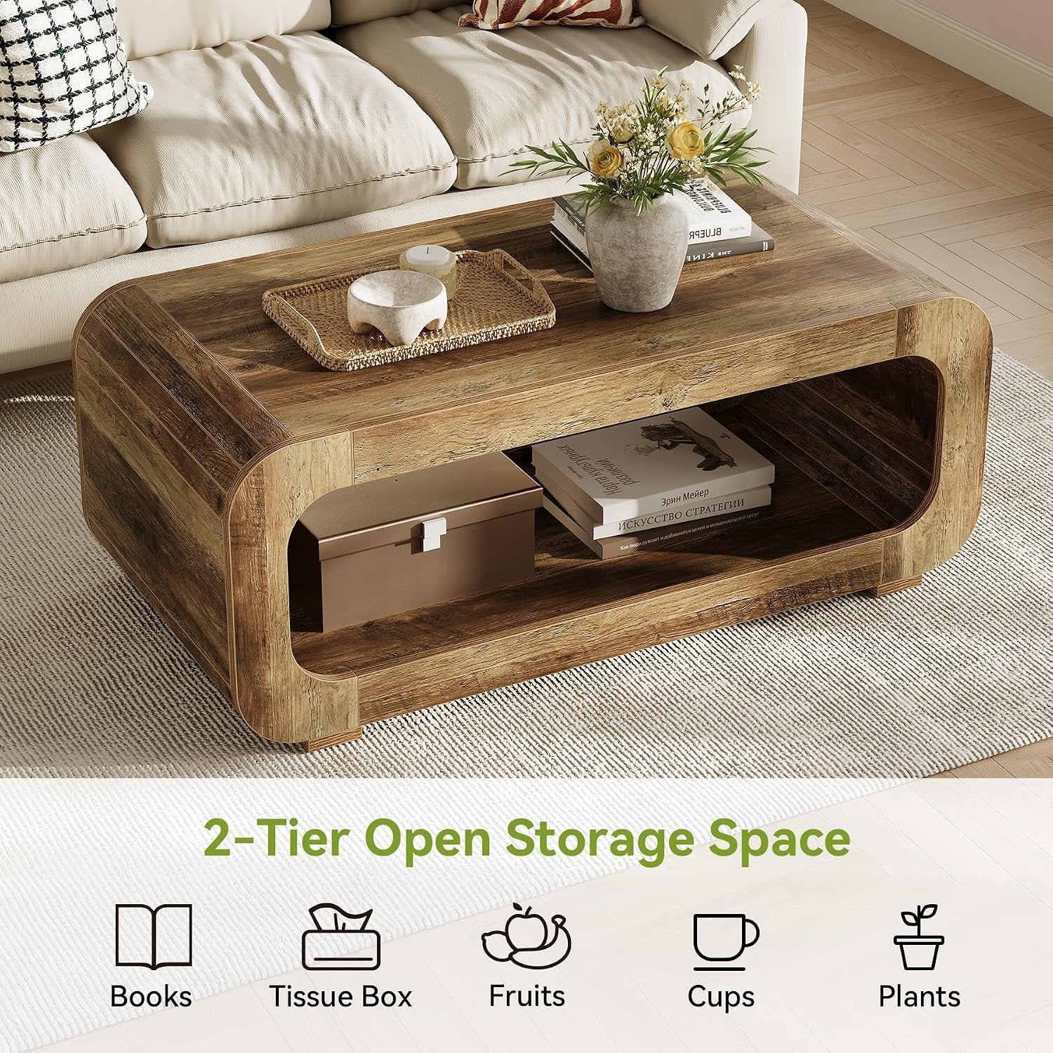 Tribesigns Table basse 120 cm avec rangement ouvert, Table rectangulaire en bois pour salon