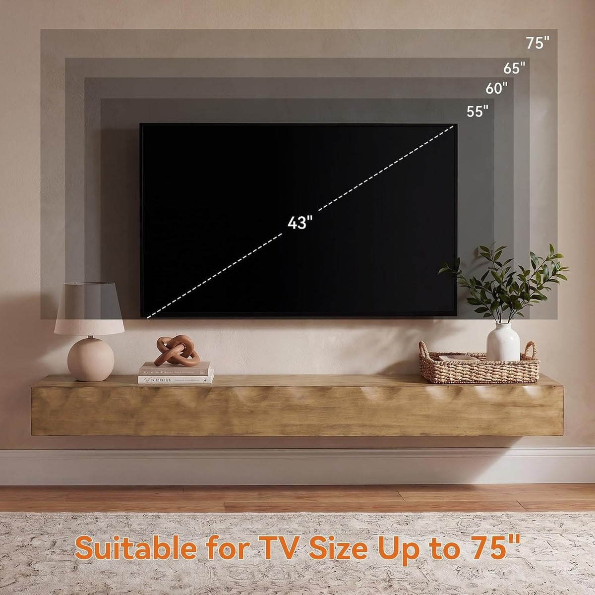Tribesigns Meuble TV mural 160 cm en bois massif, Étagère TV suspendue pour écrans jusqu'à 75 pouces