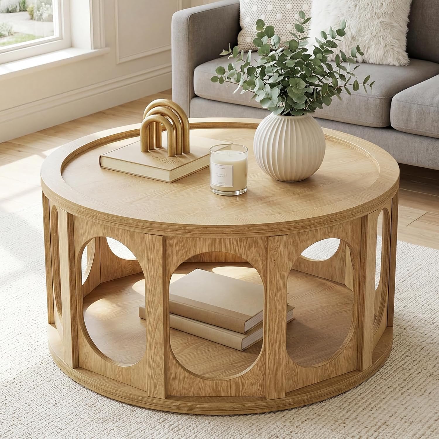 Tribesigns Table basse ronde pour chat 80 cm, Table de salon à 2 niveaux avec niche pour chat et étagère, design moderne, aspect chêne, montage facile