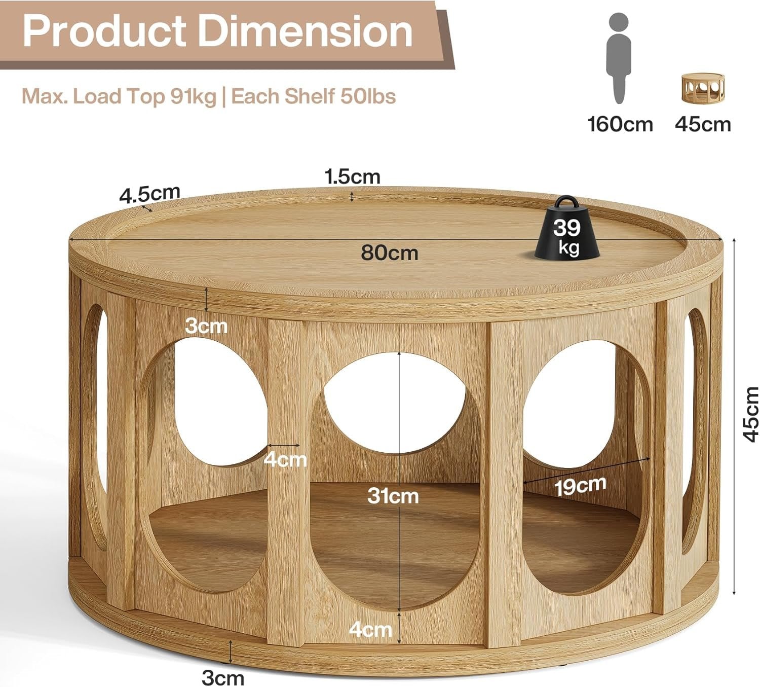 Tribesigns Table basse ronde pour chat 80 cm, Table de salon à 2 niveaux avec niche pour chat et étagère, design moderne, aspect chêne, montage facile