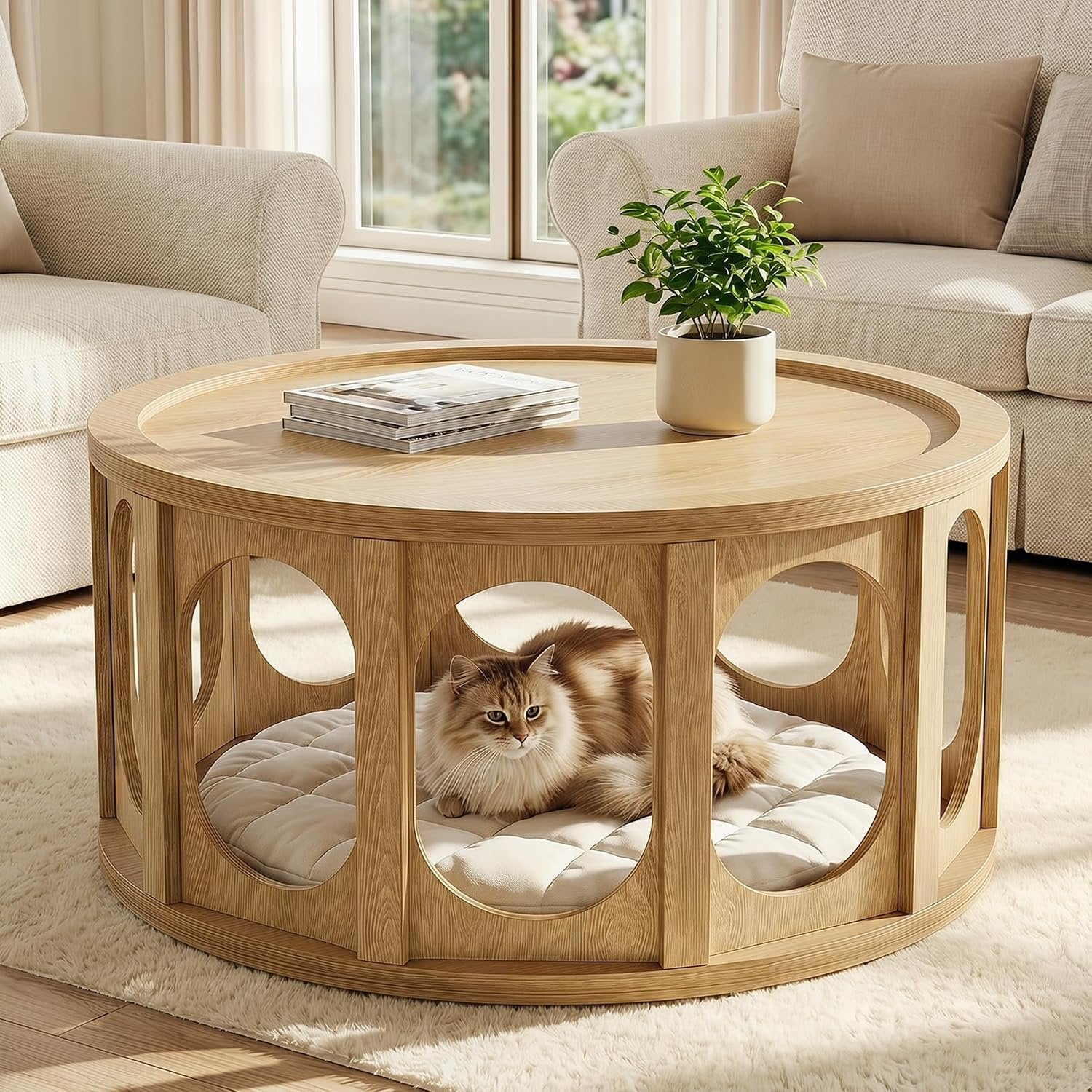 Tribesigns Table basse ronde pour chat 80 cm, Table de salon à 2 niveaux avec niche pour chat et étagère, design moderne, aspect chêne, montage facile
