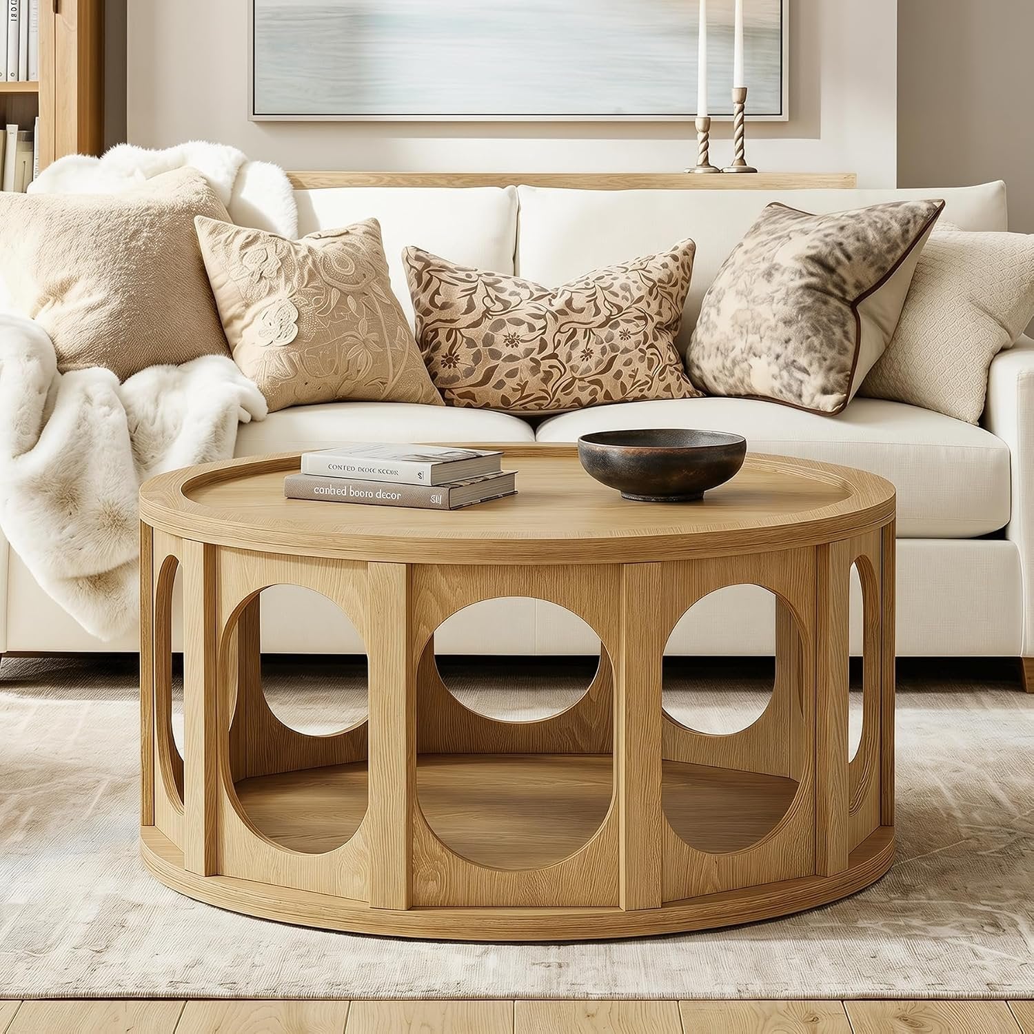 Tribesigns Table basse ronde pour chat 80 cm, Table de salon à 2 niveaux avec niche pour chat et étagère, design moderne, aspect chêne, montage facile
