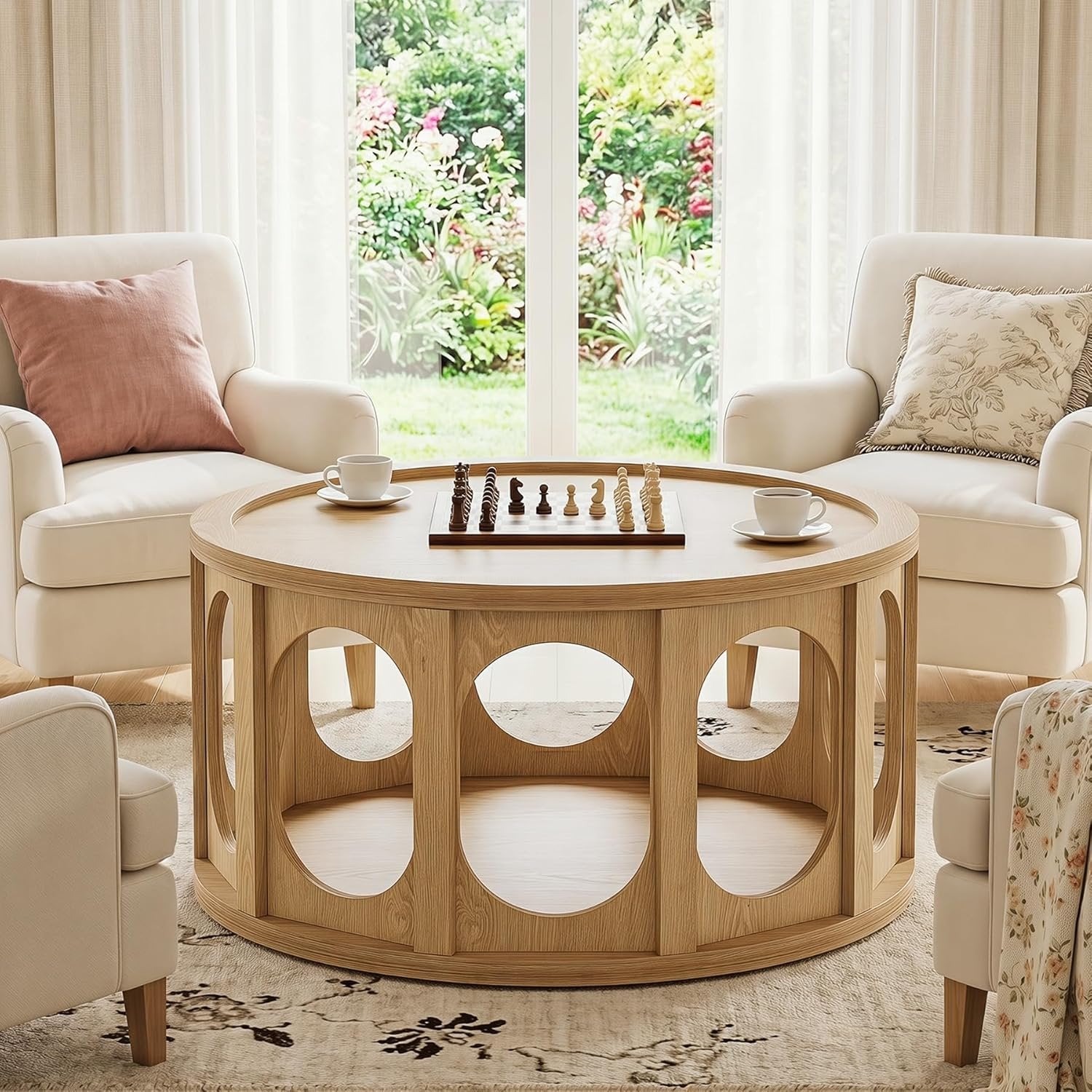 Tribesigns Table basse ronde pour chat 80 cm, Table de salon à 2 niveaux avec niche pour chat et étagère, design moderne, aspect chêne, montage facile