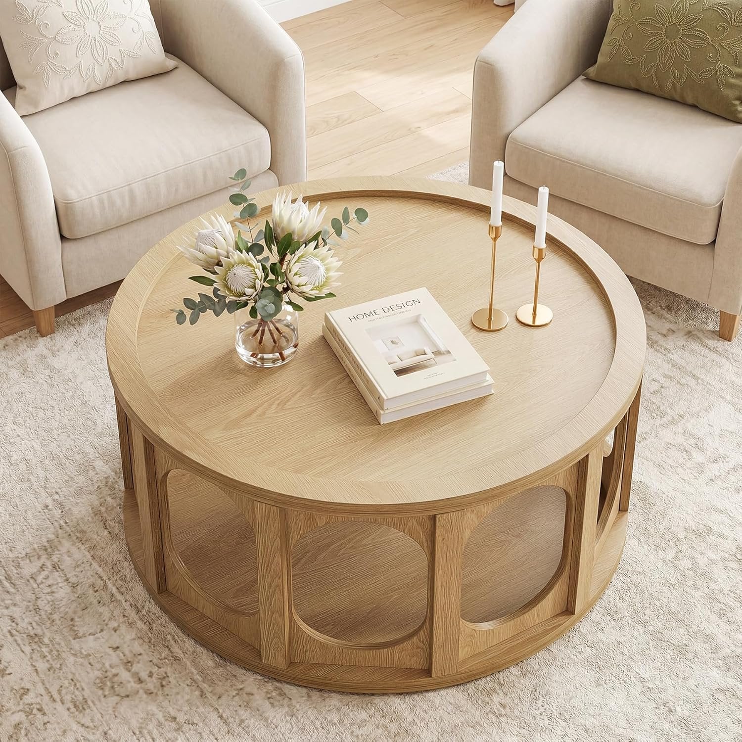 Tribesigns Table basse ronde pour chat 80 cm, Table de salon à 2 niveaux avec niche pour chat et étagère, design moderne, aspect chêne, montage facile