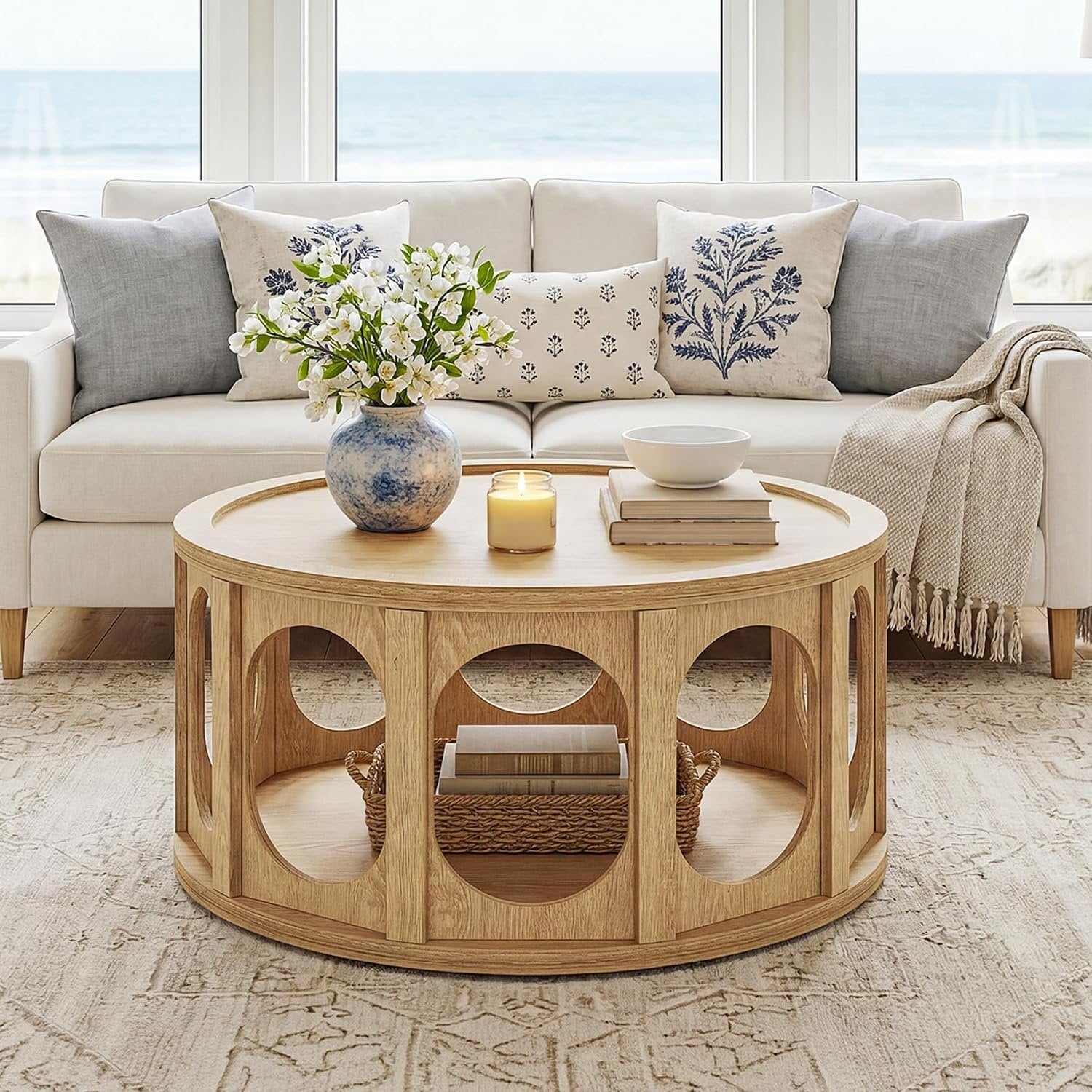 Tribesigns Table basse ronde pour chat 80 cm, Table de salon à 2 niveaux avec niche pour chat et étagère, design moderne, aspect chêne, montage facile