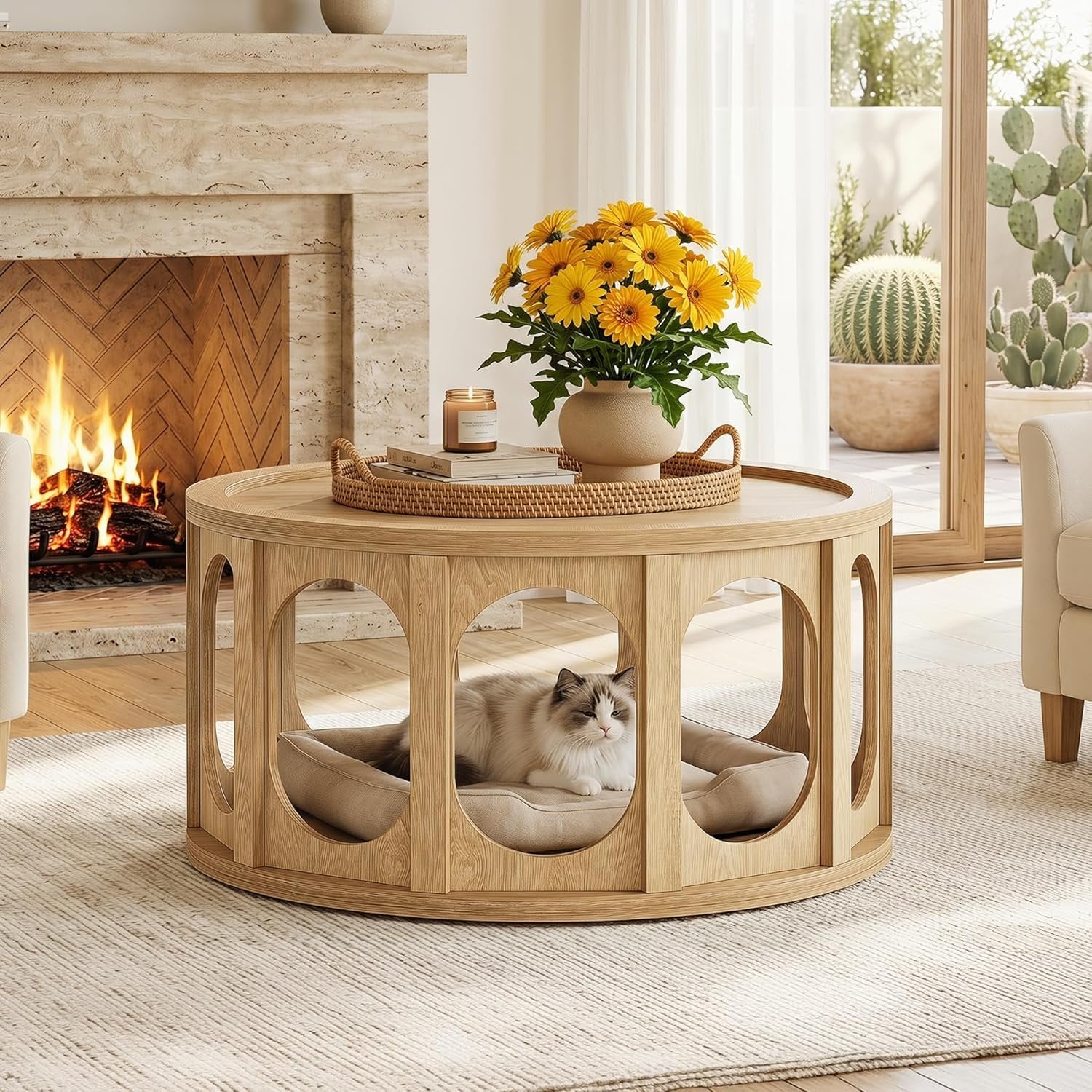 Tribesigns Table basse ronde pour chat 80 cm, Table de salon à 2 niveaux avec niche pour chat et étagère, design moderne, aspect chêne, montage facile