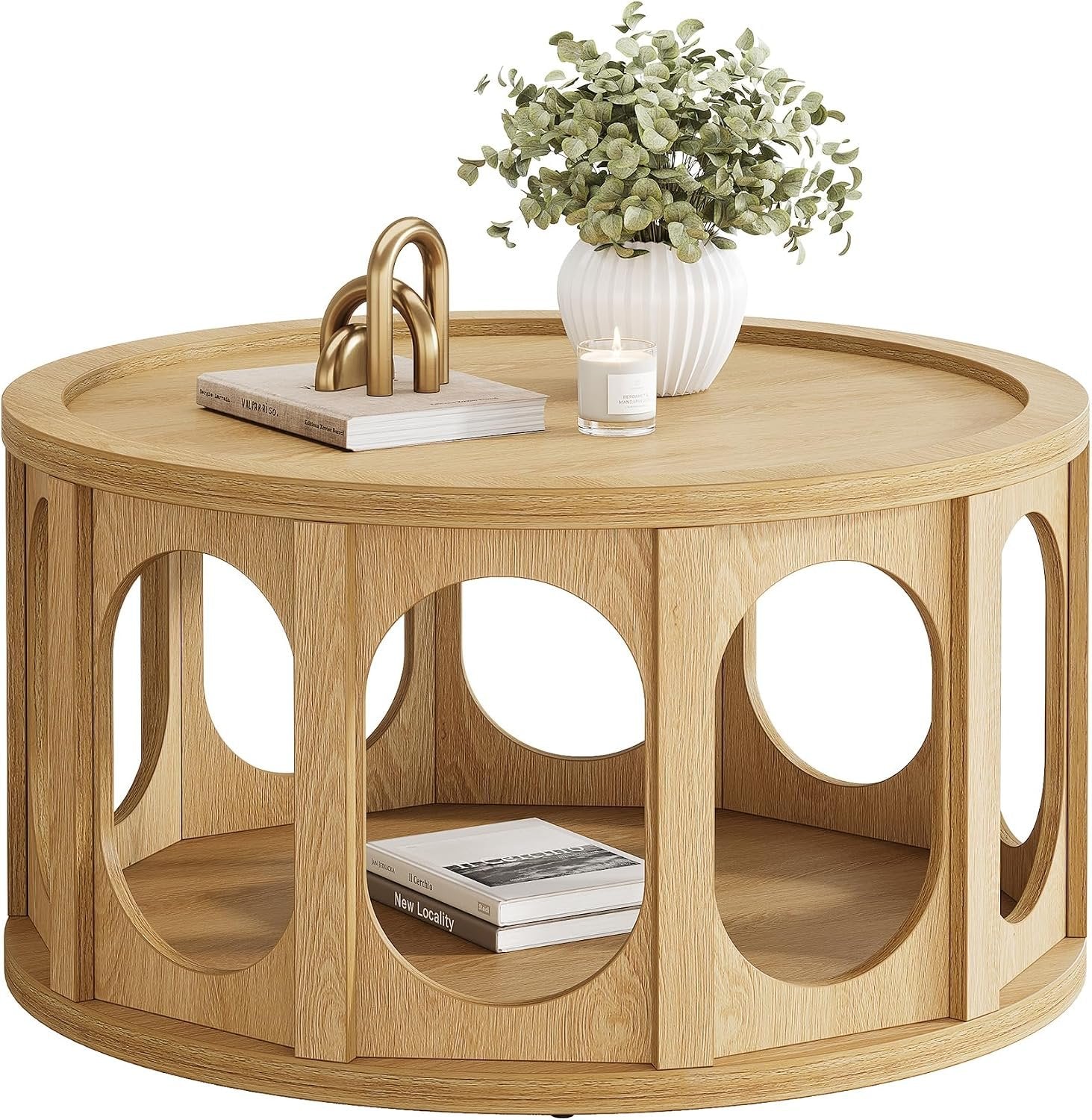 Tribesigns Table basse ronde pour chat 80 cm, Table de salon à 2 niveaux avec niche pour chat et étagère, design moderne, aspect chêne, montage facile