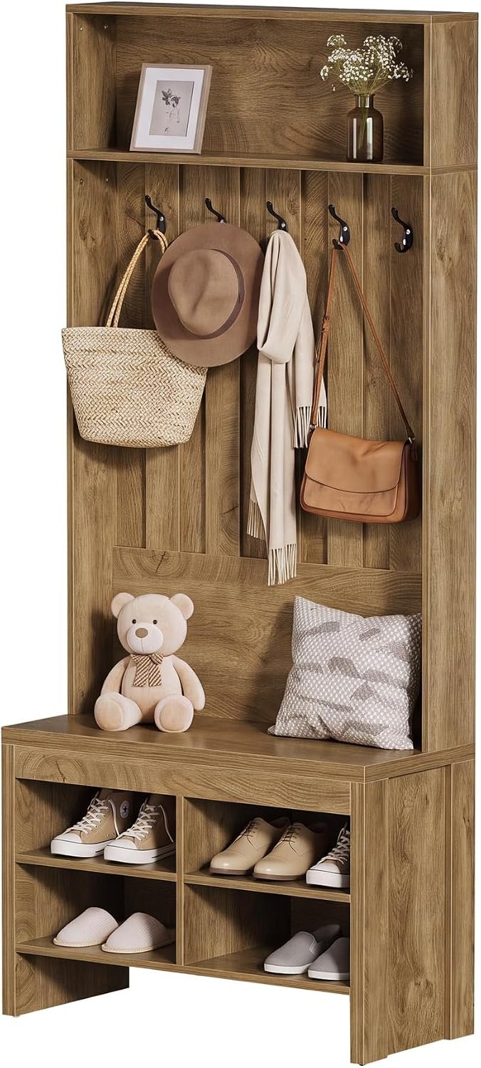 Tribesigns Armoire design avec banc, Rangement d'entrée ouvert et fermé avec 5 crochets Compartiments à chaussures et étagère