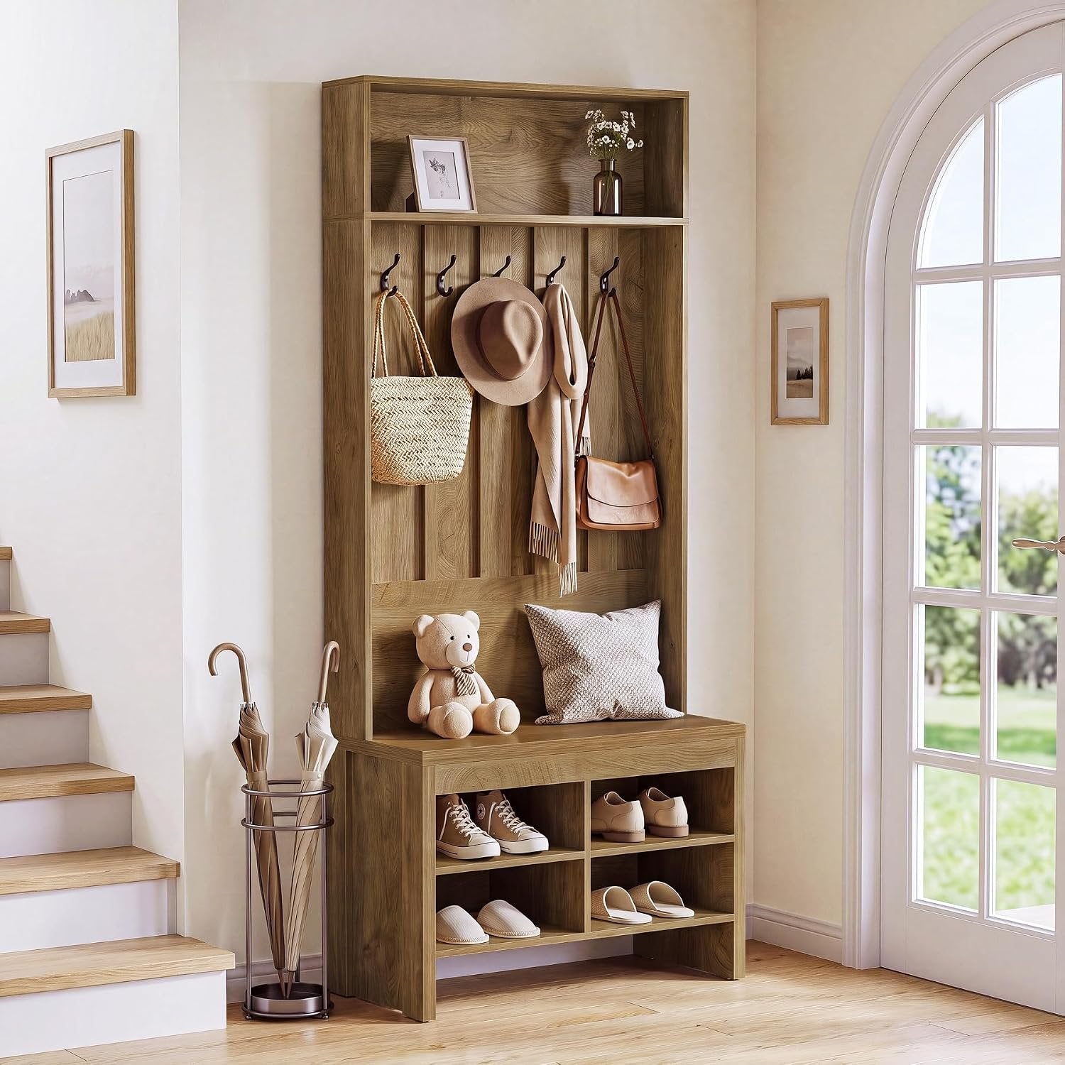 Tribesigns Armoire design avec banc, Rangement d'entrée ouvert et fermé avec 5 crochets Compartiments à chaussures et étagère