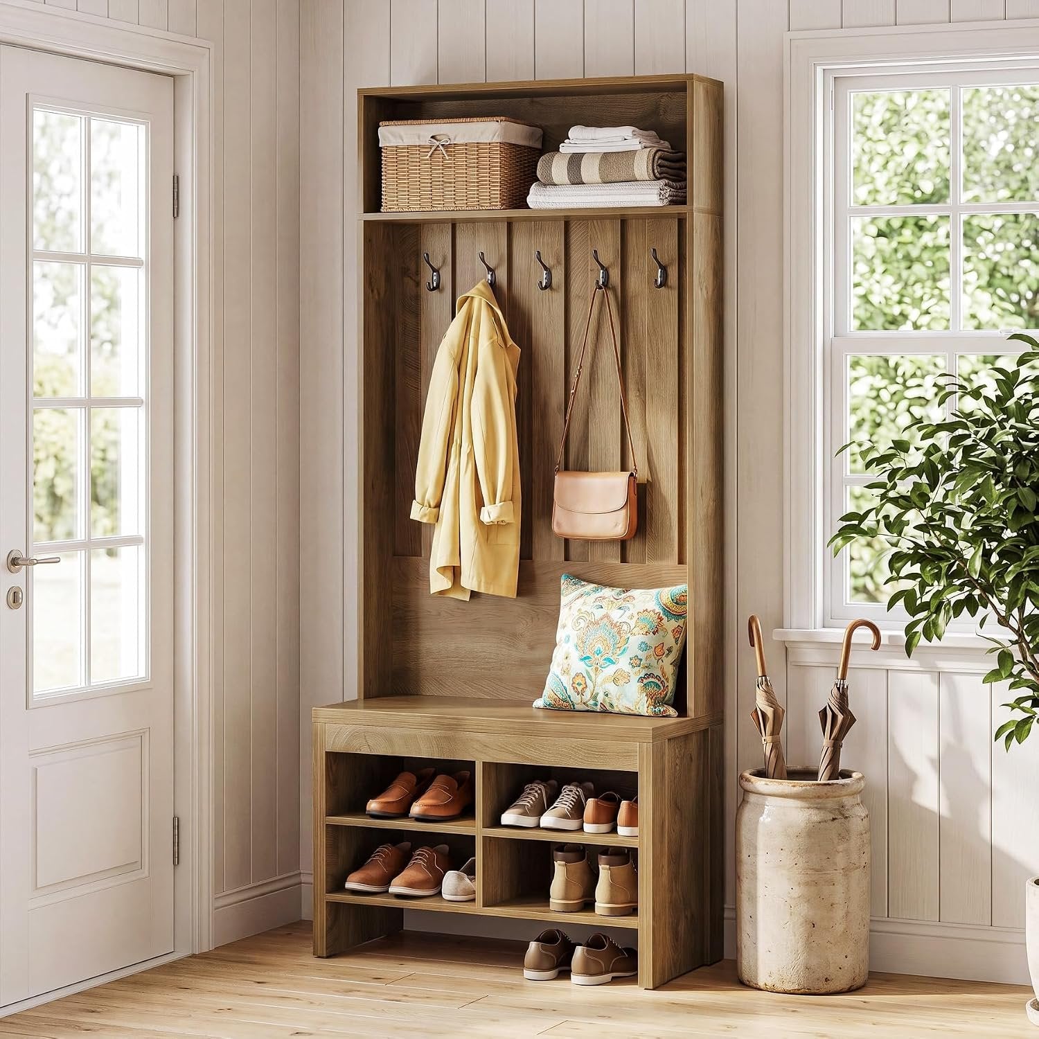 Tribesigns Armoire design avec banc, Rangement d'entrée ouvert et fermé avec 5 crochets Compartiments à chaussures et étagère