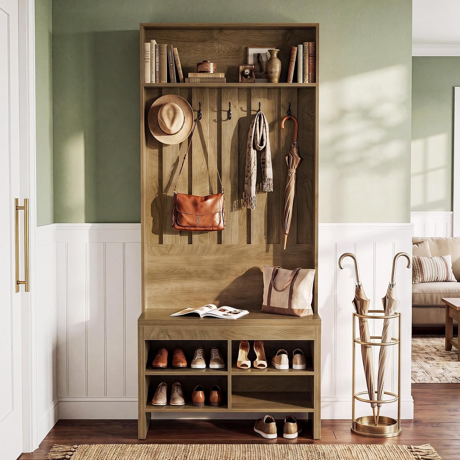 Tribesigns Armoire design avec banc, Rangement d'entrée ouvert et fermé avec 5 crochets Compartiments à chaussures et étagère