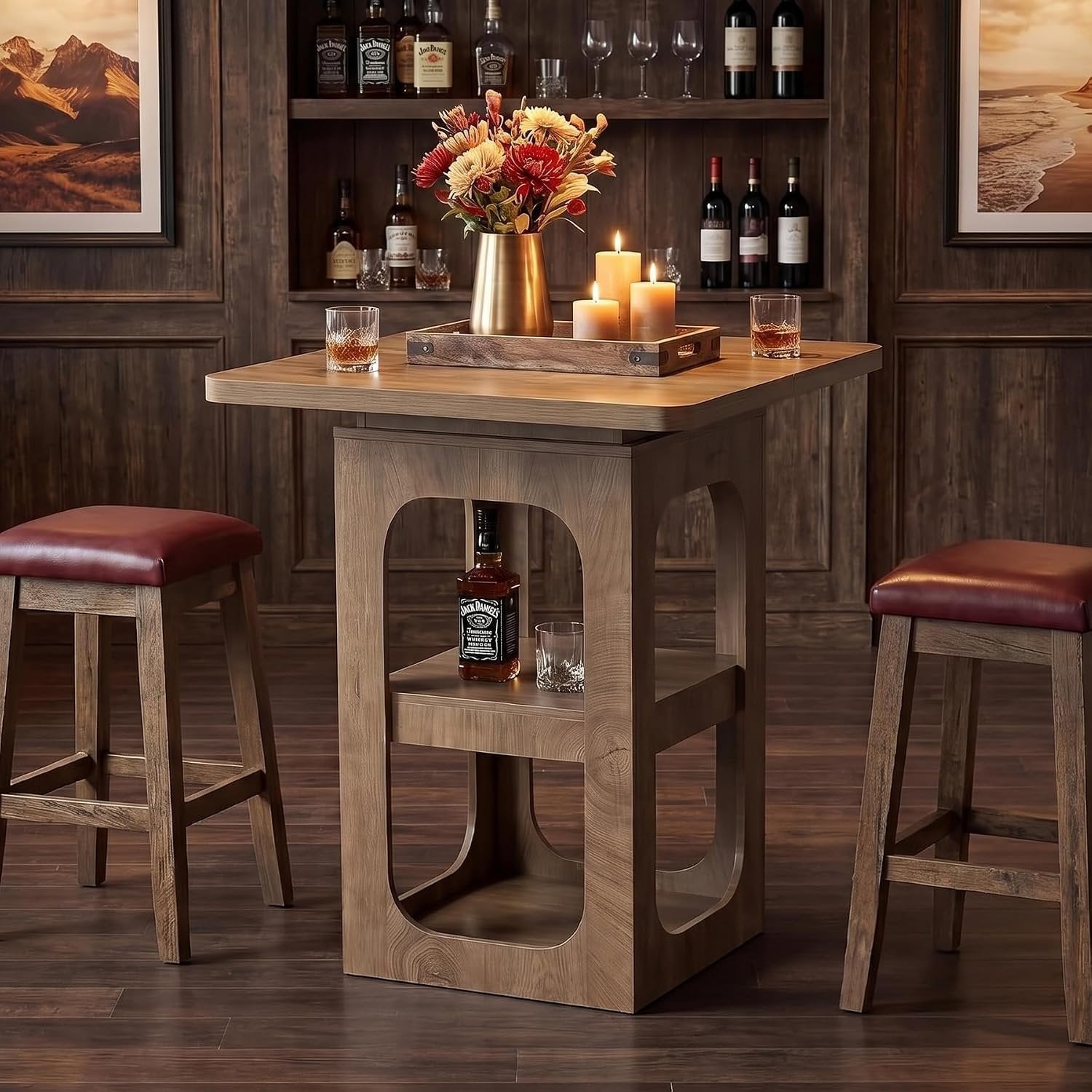 Tribesigns Table de bar carrée 80 cm avec 3 étagères, Table haute en bois pour cuisine, bar, salle à manger, bistro, petits espaces, appartement