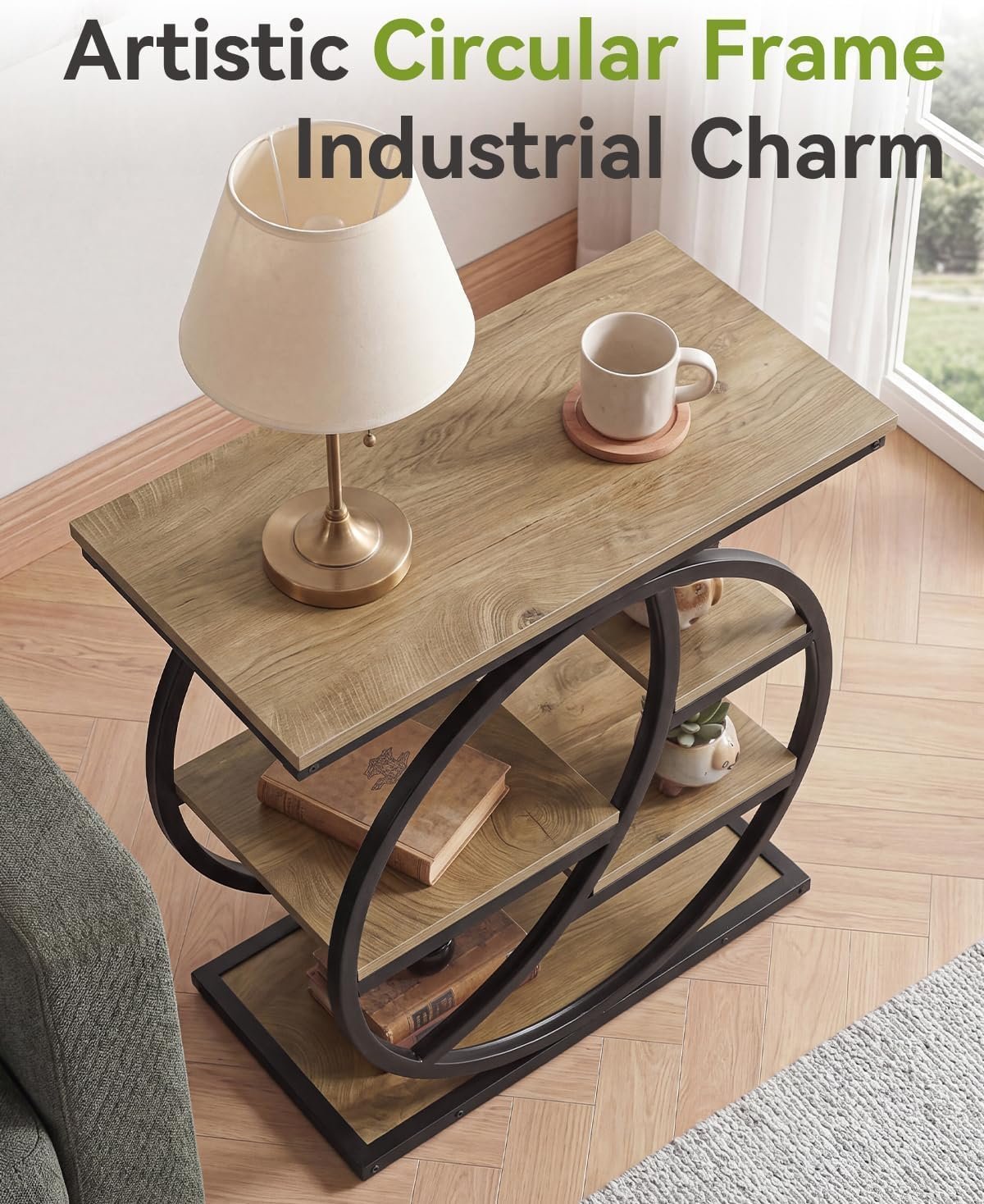 Tribesigns Table d'appoint, Table d'appoint étroite à 4 étagères Table de chevet moderne pour salon, bureau, chambre, chêne clair rustique et noir