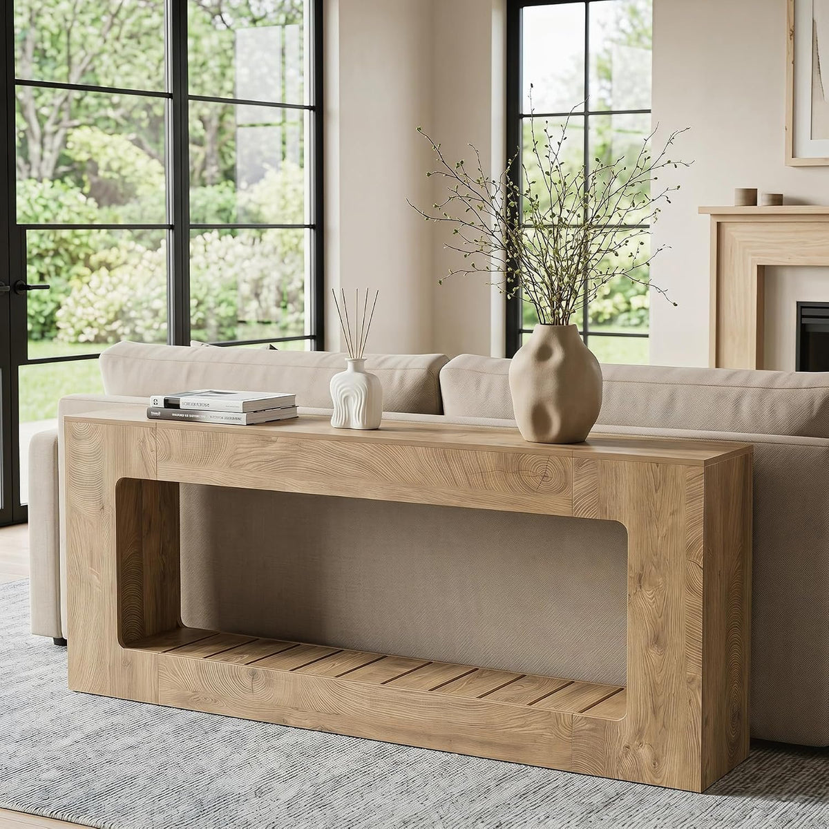 Tribesigns Table console de 200 cm pour derrière le canapé avec étagère à lattes, Style rustique marron