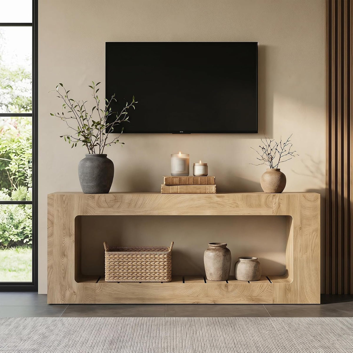 Tribesigns Table console de 200 cm pour derrière le canapé avec étagère à lattes, Style rustique marron