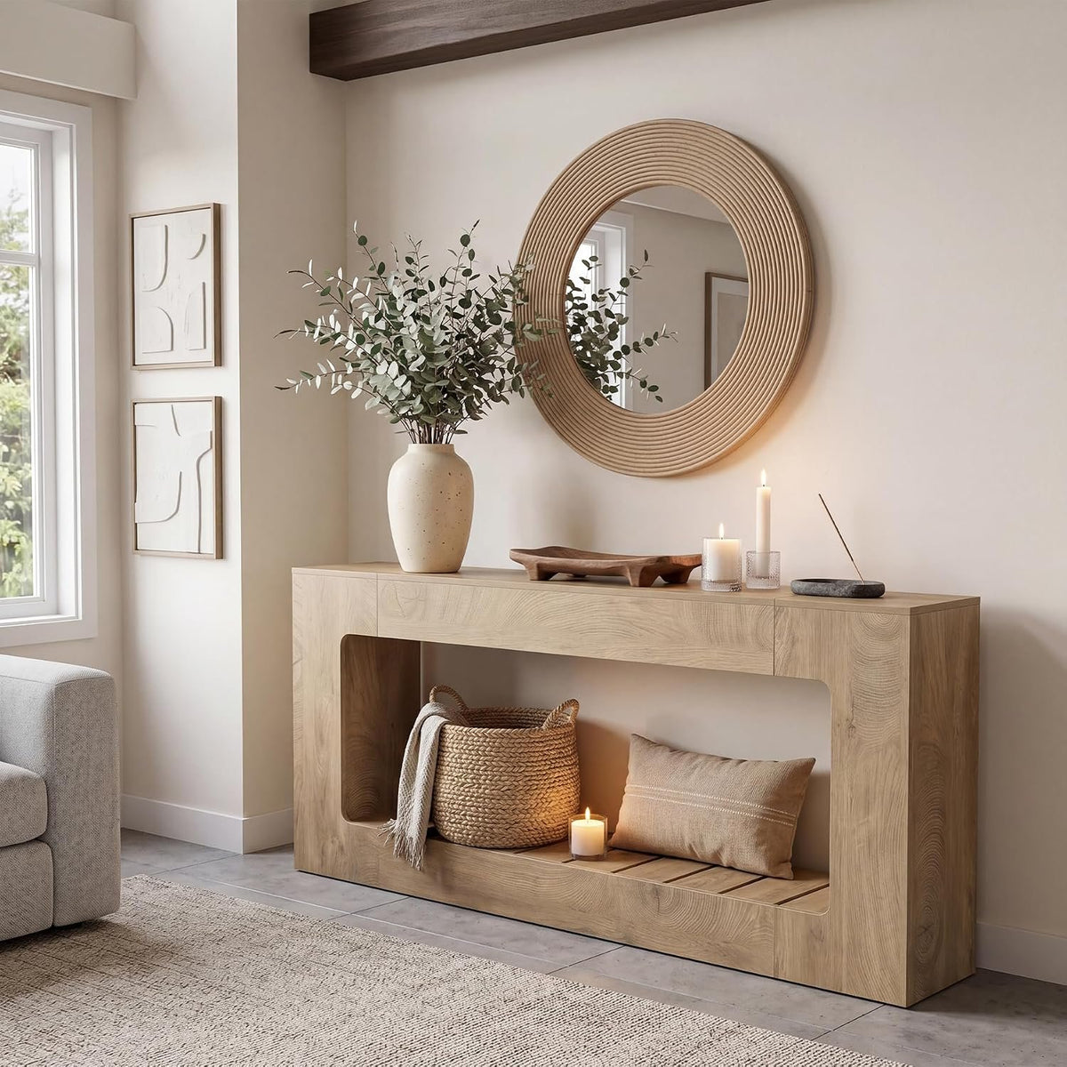 Tribesigns Table console de 200 cm pour derrière le canapé avec étagère à lattes, Style rustique marron