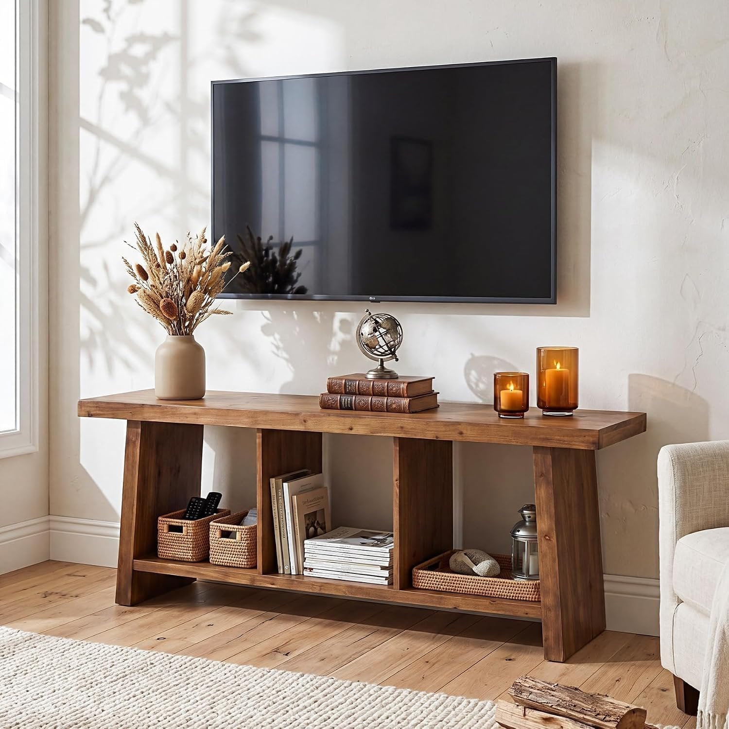 Tribesigns Meuble TV de style campagnard de 160 cm pour téléviseurs, Centre multimédia avec 3 étagères ouvertes