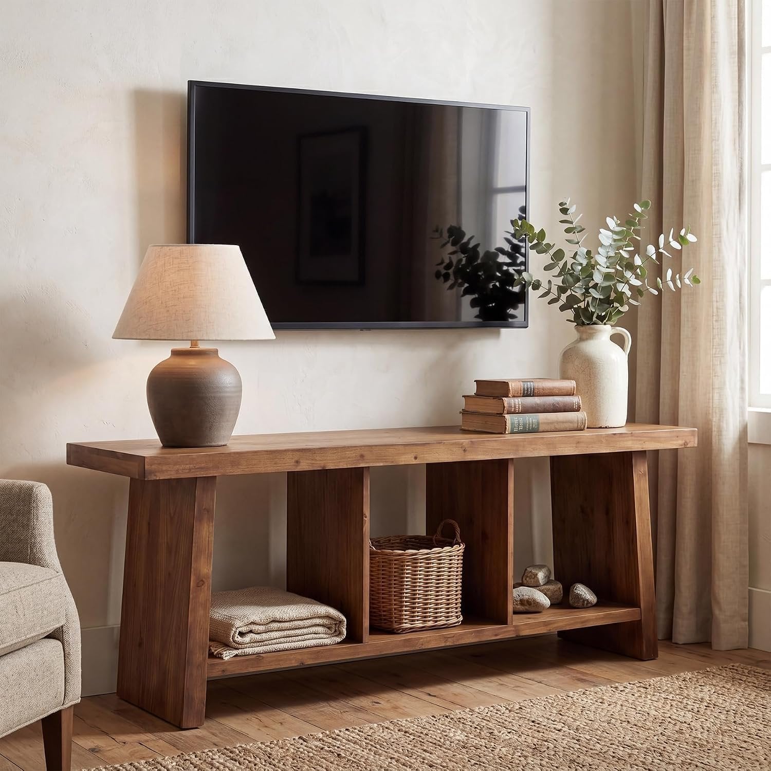 Tribesigns Meuble TV de style campagnard de 160 cm pour téléviseurs, Centre multimédia avec 3 étagères ouvertes