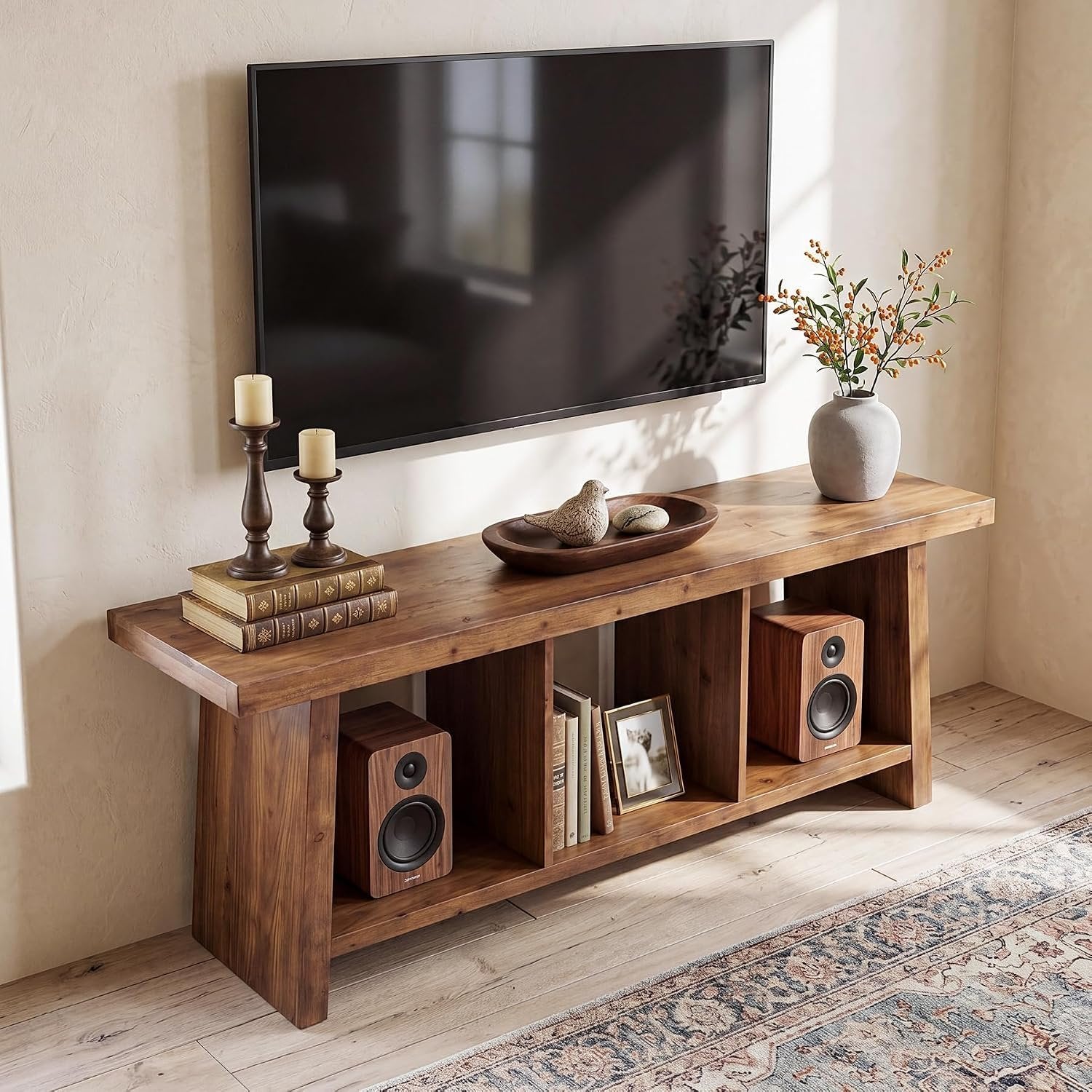 Tribesigns Meuble TV de style campagnard de 160 cm pour téléviseurs, Centre multimédia avec 3 étagères ouvertes