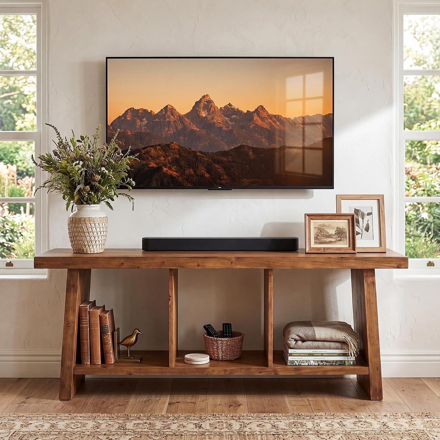 Tribesigns Meuble TV de style campagnard de 160 cm pour téléviseurs, Centre multimédia avec 3 étagères ouvertes