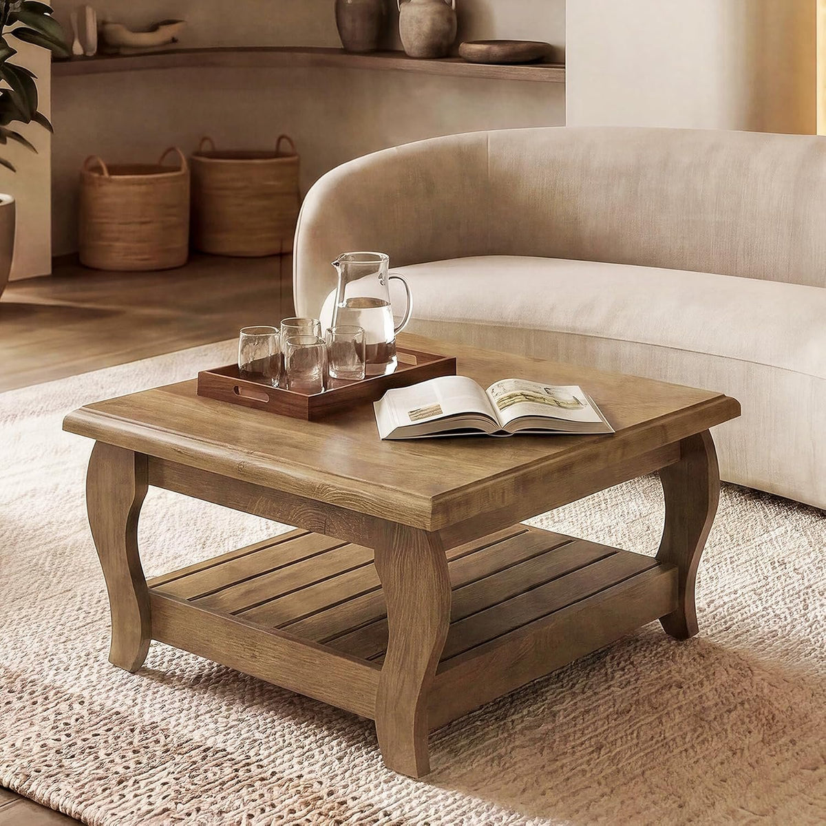 Tribesigns Table basse carrée 80 cm style champêtre marron, Table basse rustique à 2 niveaux, 80 x 80 x 45 cm