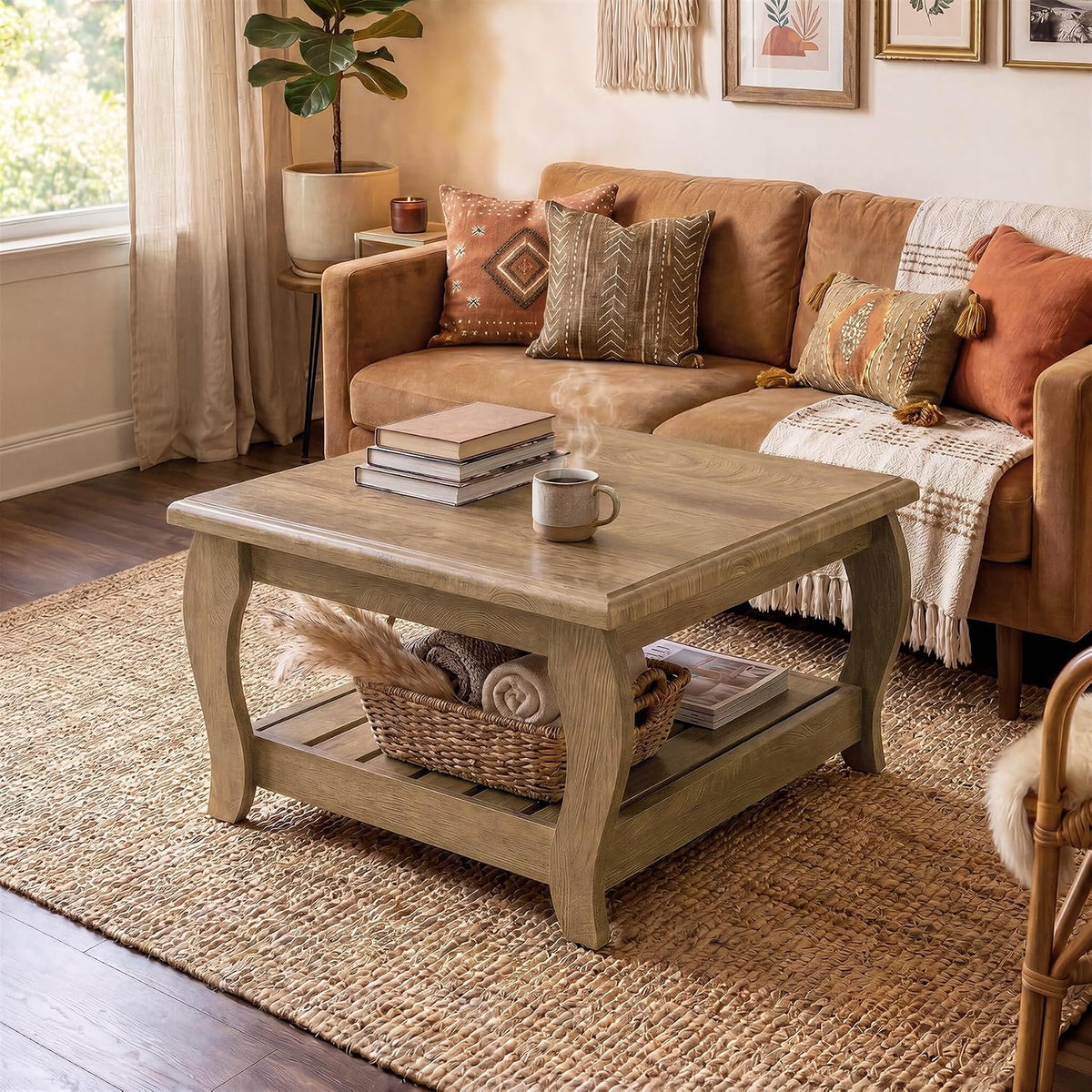 Tribesigns Table basse carrée 80 cm style champêtre marron, Table basse rustique à 2 niveaux, 80 x 80 x 45 cm