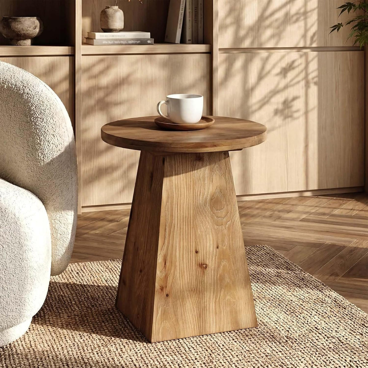 Tribesigns Table d'appoint ronde en bois massif avec piètement trapézoïdal, Table de canapé compacte