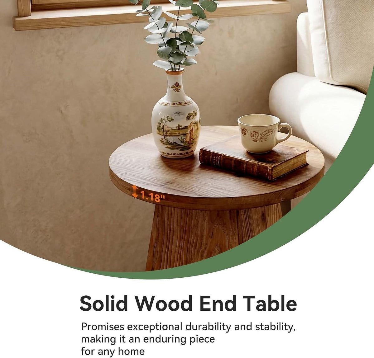 Tribesigns Table d'appoint ronde en bois massif avec piètement trapézoïdal, Table de canapé compacte