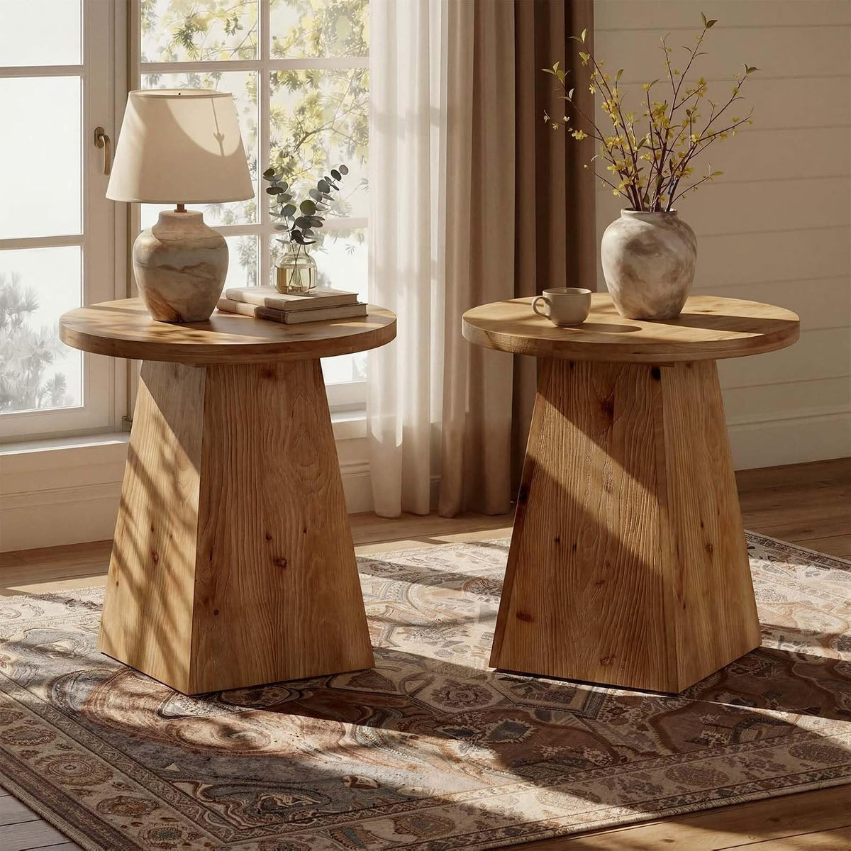 Tribesigns Table d'appoint ronde en bois massif avec piètement trapézoïdal, Table de canapé compacte