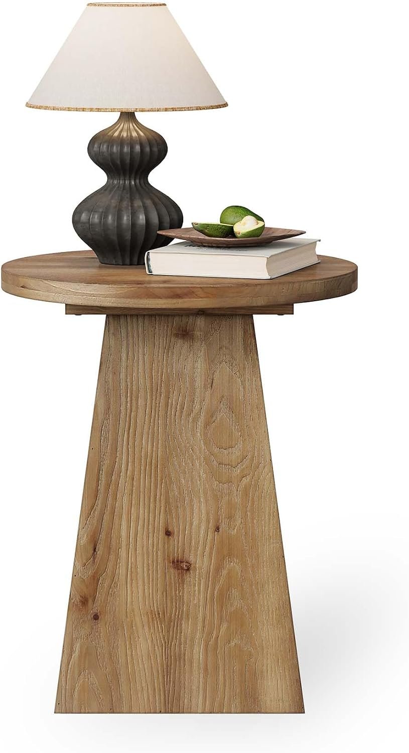 Tribesigns Table d'appoint ronde en bois massif avec piètement trapézoïdal, Table de canapé compacte