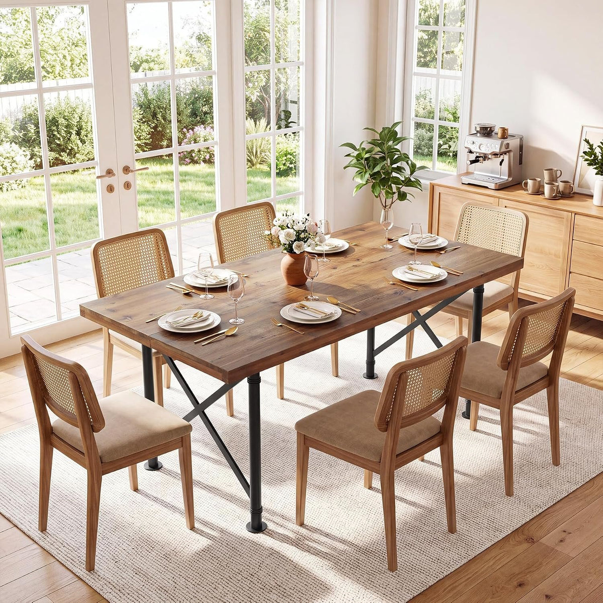 Table de salle à manger en bois massif 160 cm avec pieds en métal, brun rustique