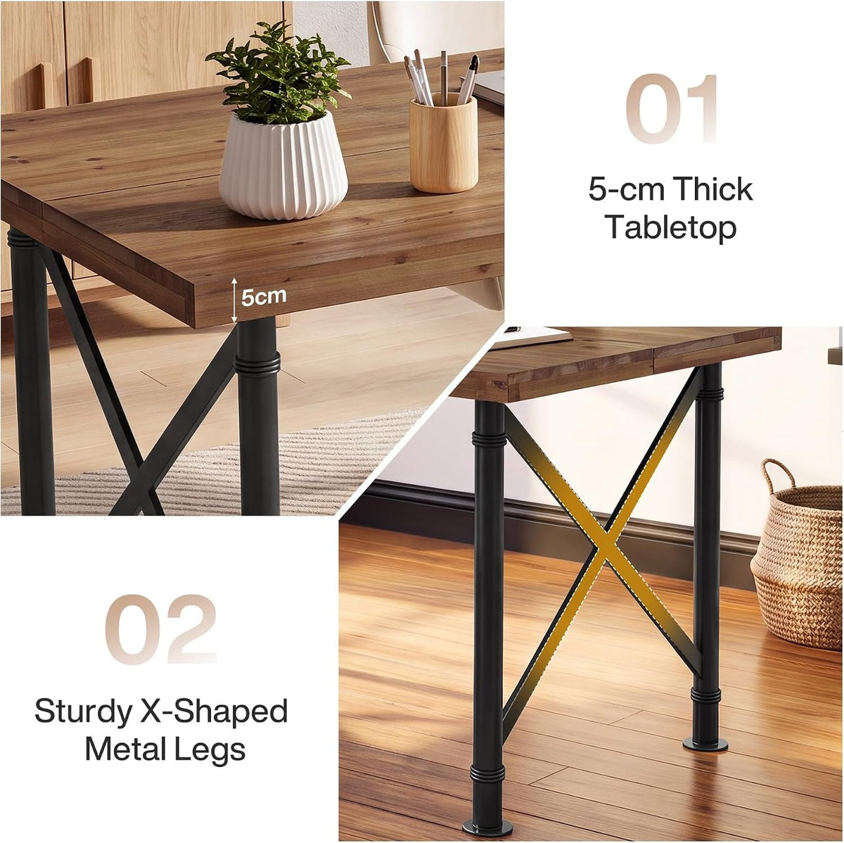 Table de salle à manger en bois massif 160 cm avec pieds en métal, brun rustique