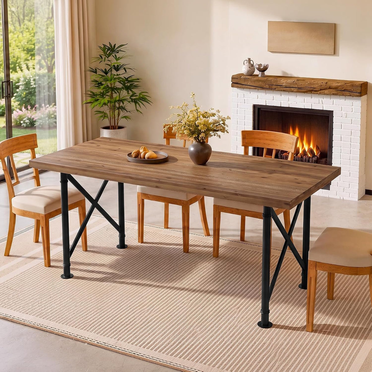Table de salle à manger en bois massif 160 cm avec pieds en métal, brun rustique