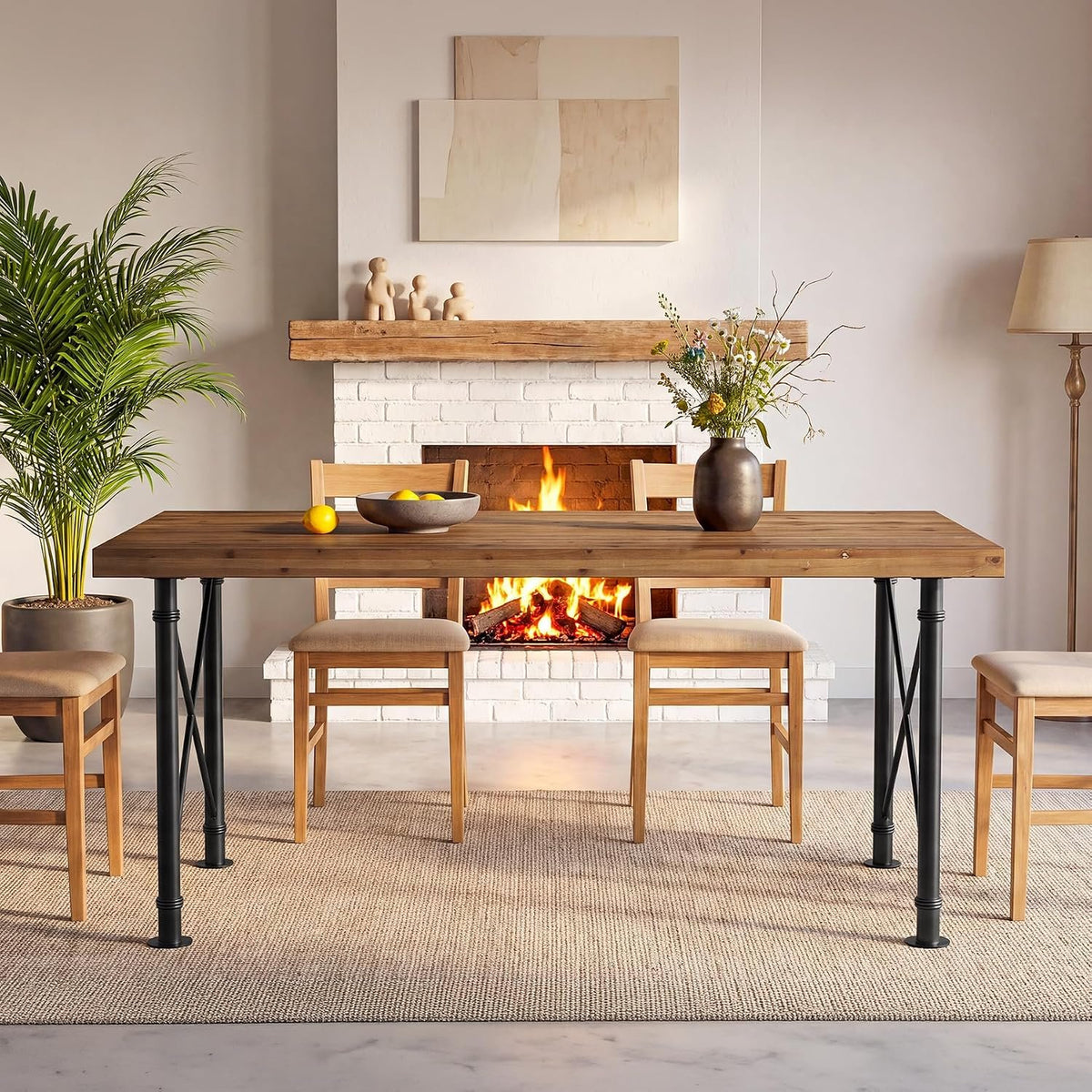 Table de salle à manger en bois massif 160 cm avec pieds en métal, brun rustique