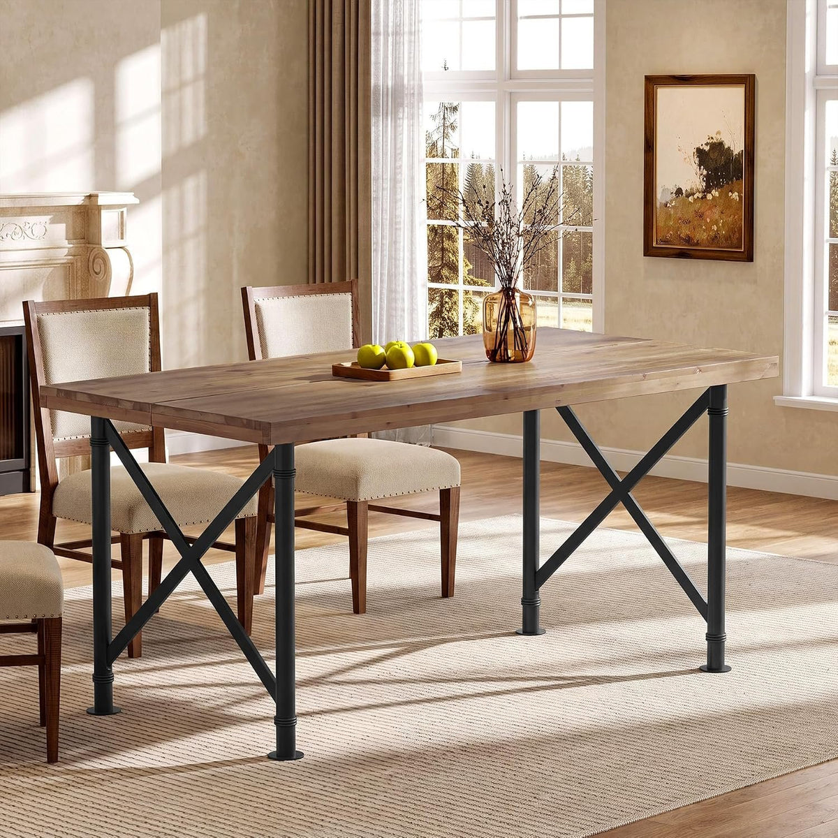 Table de salle à manger en bois massif 160 cm avec pieds en métal, brun rustique
