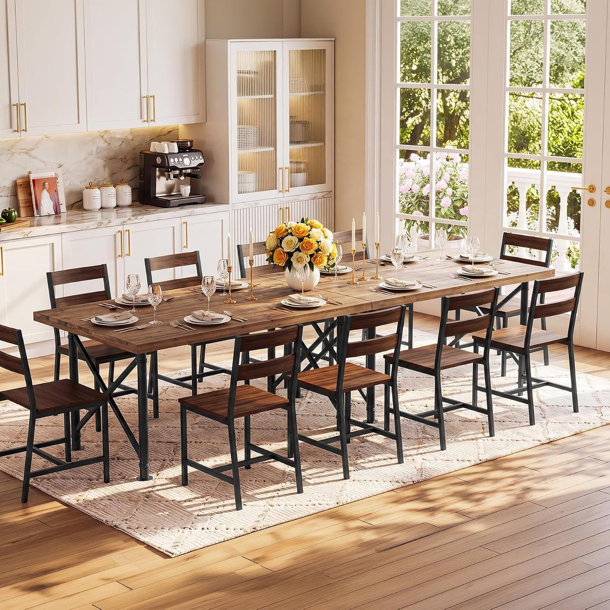 Table de salle à manger en bois massif 160 cm avec pieds en métal, brun rustique