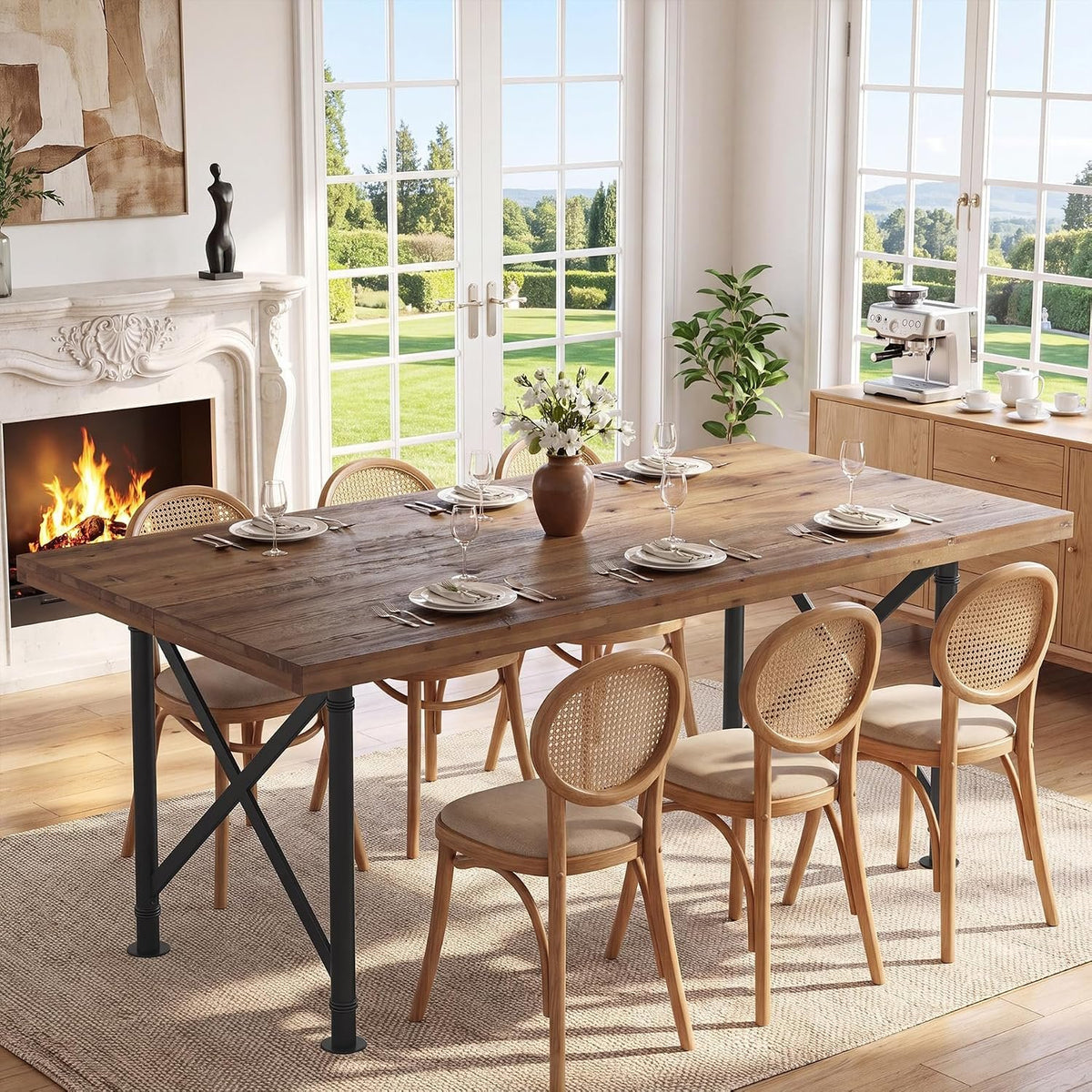 Table de salle à manger en bois massif 160 cm avec pieds en métal, brun rustique