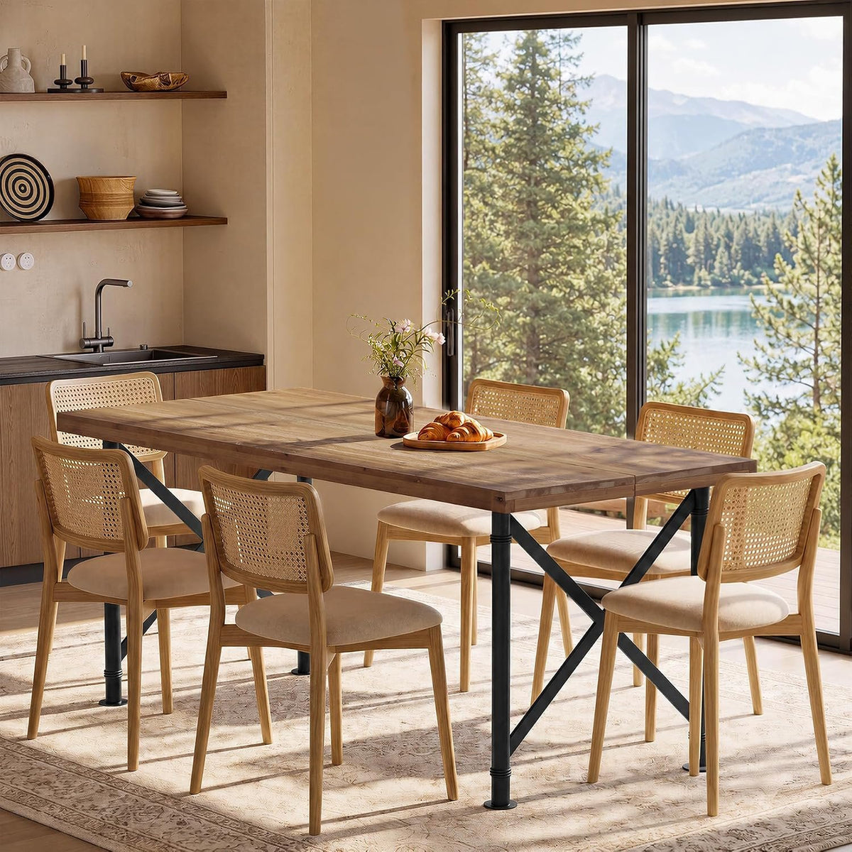 Table de salle à manger en bois massif 160 cm avec pieds en métal, brun rustique