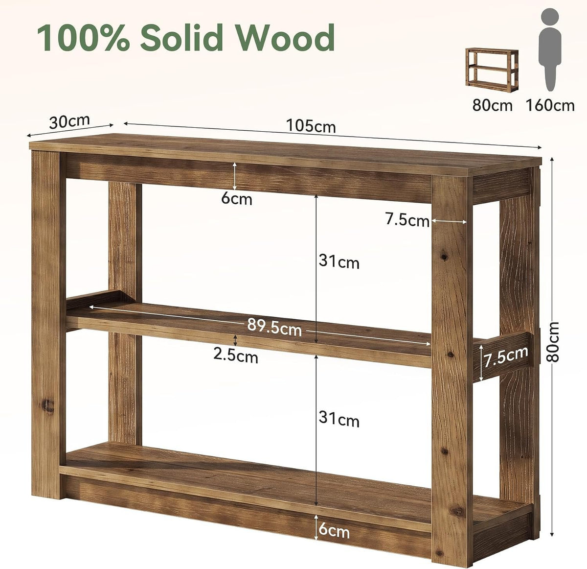 Console en bois massif, Petite table d'entrée de 105 cm avec rangement Table rectangulaire pour derrière le canapé