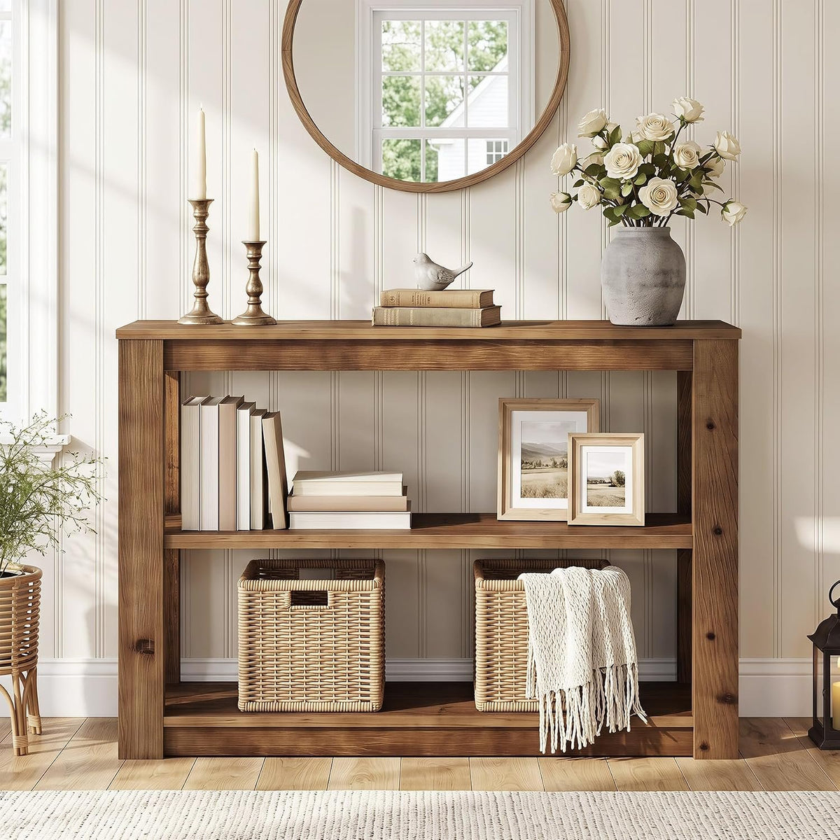 Console en bois massif, Petite table d'entrée de 105 cm avec rangement Table rectangulaire pour derrière le canapé